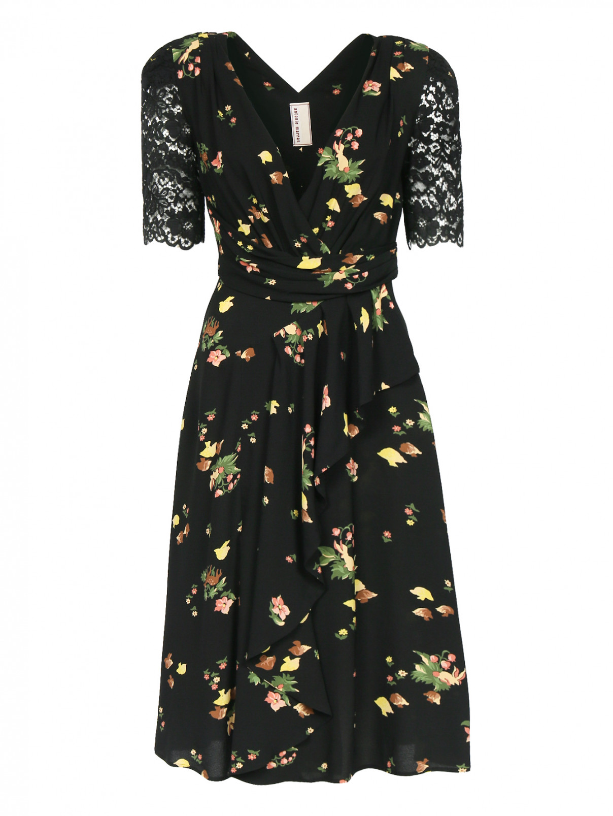 Платье-миди с узором и декоративной отделкой из кружева Antonio Marras  –  Общий вид  – Цвет:  Черный