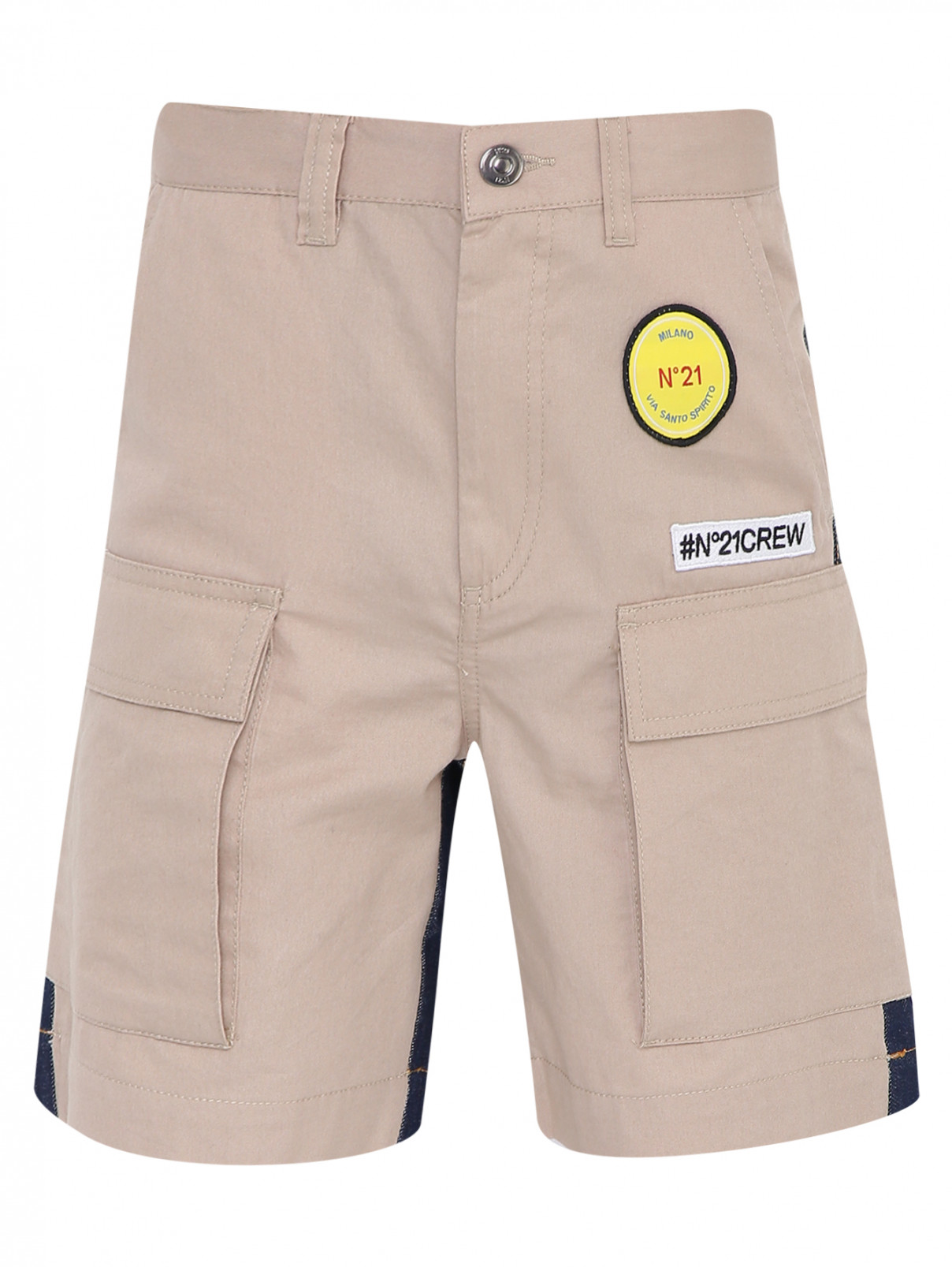 Хлопковые шорты с карманами и нашивками N21  –  Общий вид  – Цвет:  Бежевый