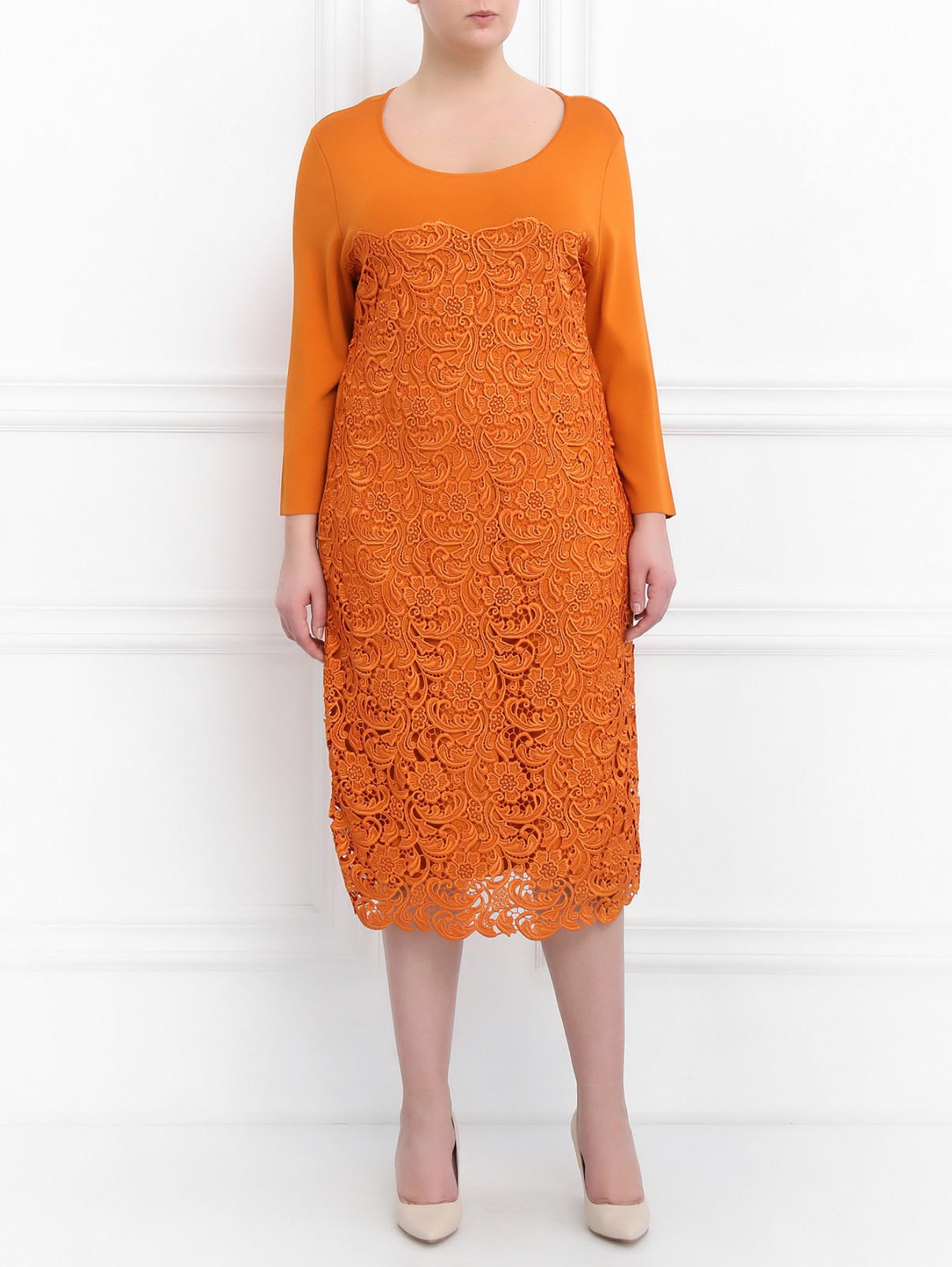 Платье-миди со вставкой из кружева Marina Rinaldi  –  Модель Общий вид  – Цвет:  Оранжевый
