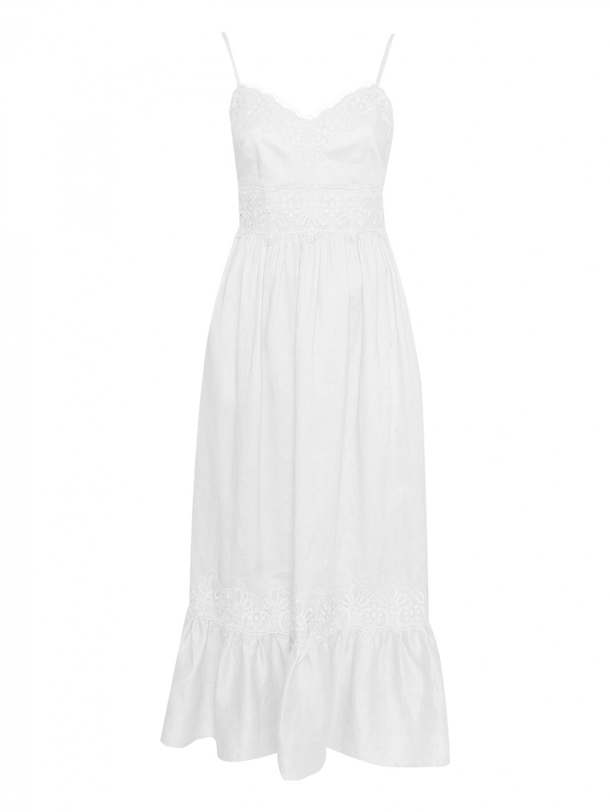 Платье-миди из льна с кружевной отделкой Luisa Spagnoli  –  Общий вид  – Цвет:  Белый