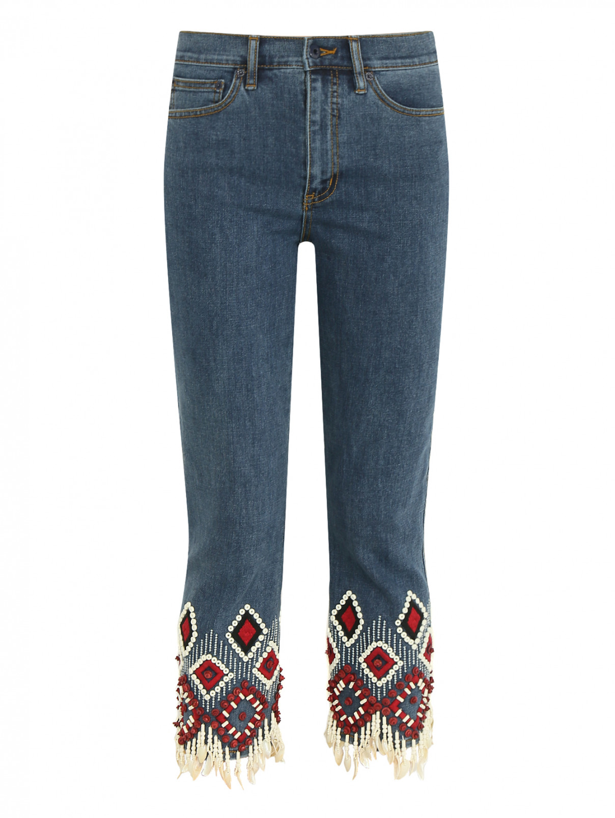 Укороченные джинсы с декоративной отделкой Tory Burch  –  Общий вид  – Цвет:  Синий