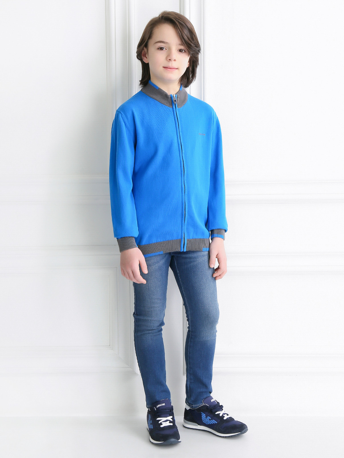 Кардиган из хлопка с контрастной отделкой и высоким воротом Armani Junior  –  Модель Общий вид  – Цвет:  Синий