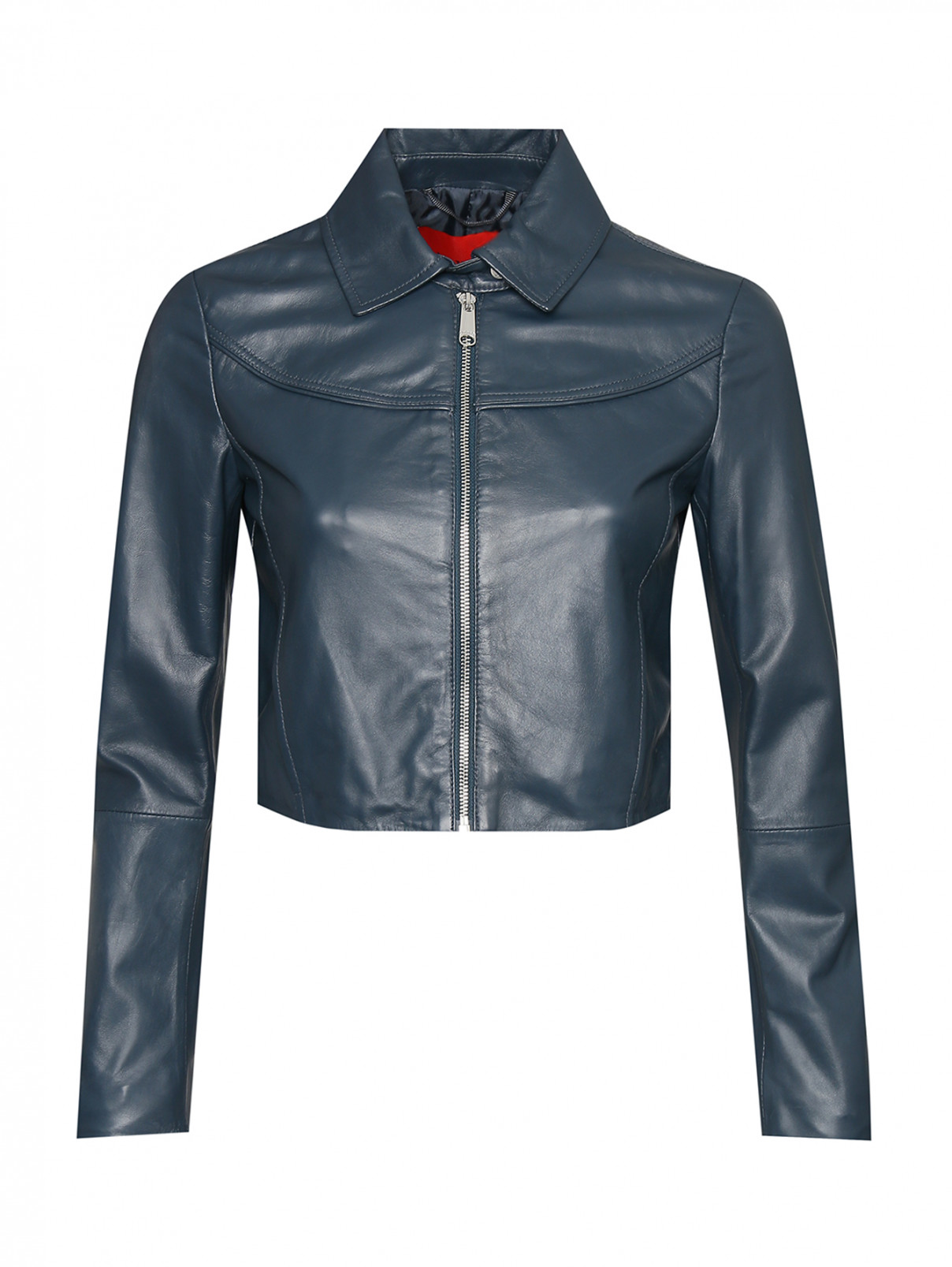 Укороченная куртка из кожи на молнии Max&Co  –  Общий вид  – Цвет:  Синий