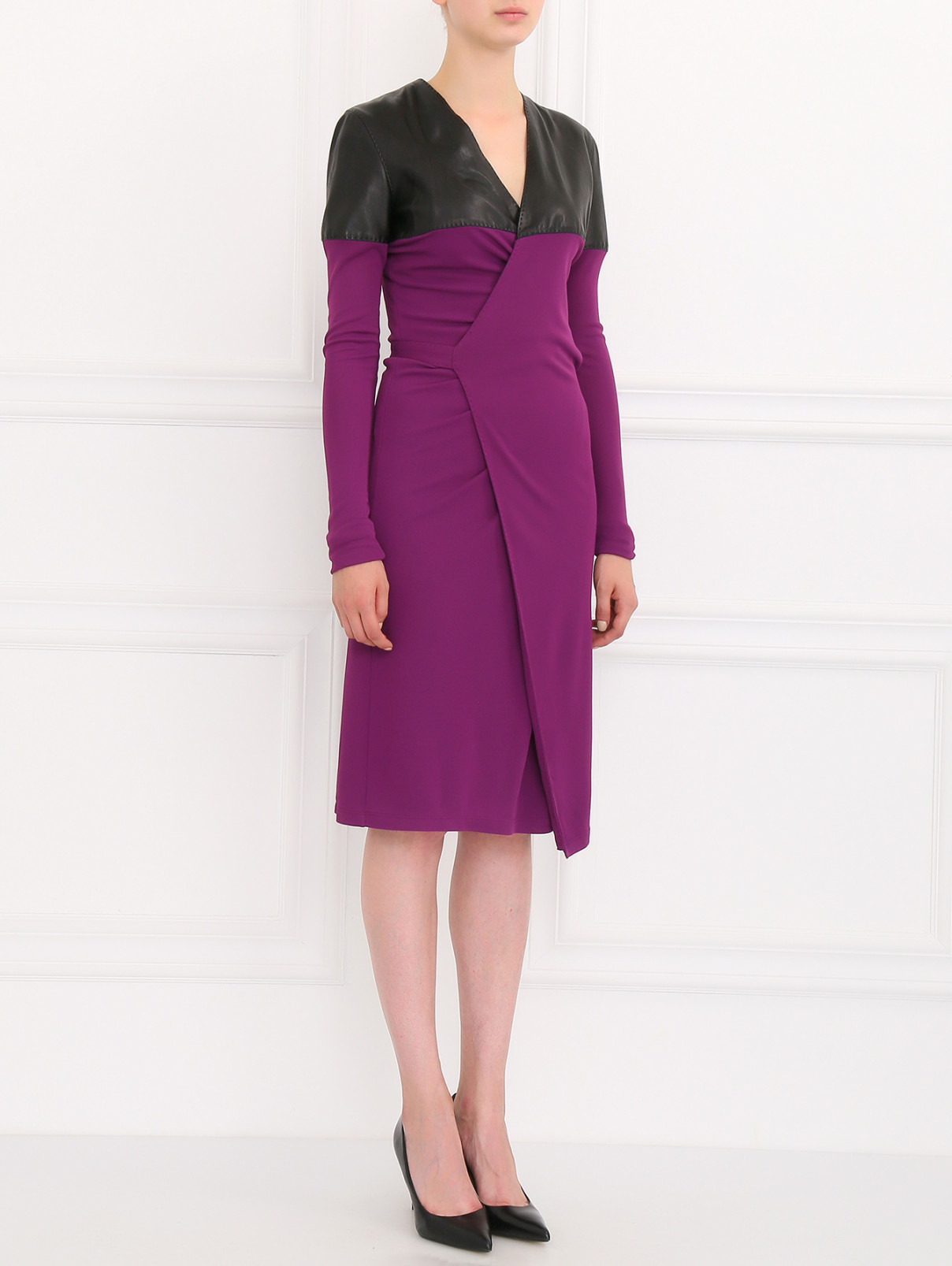 Платье с запахом и кожаными вставками Jean Paul Gaultier  –  Модель Общий вид  – Цвет:  Фиолетовый