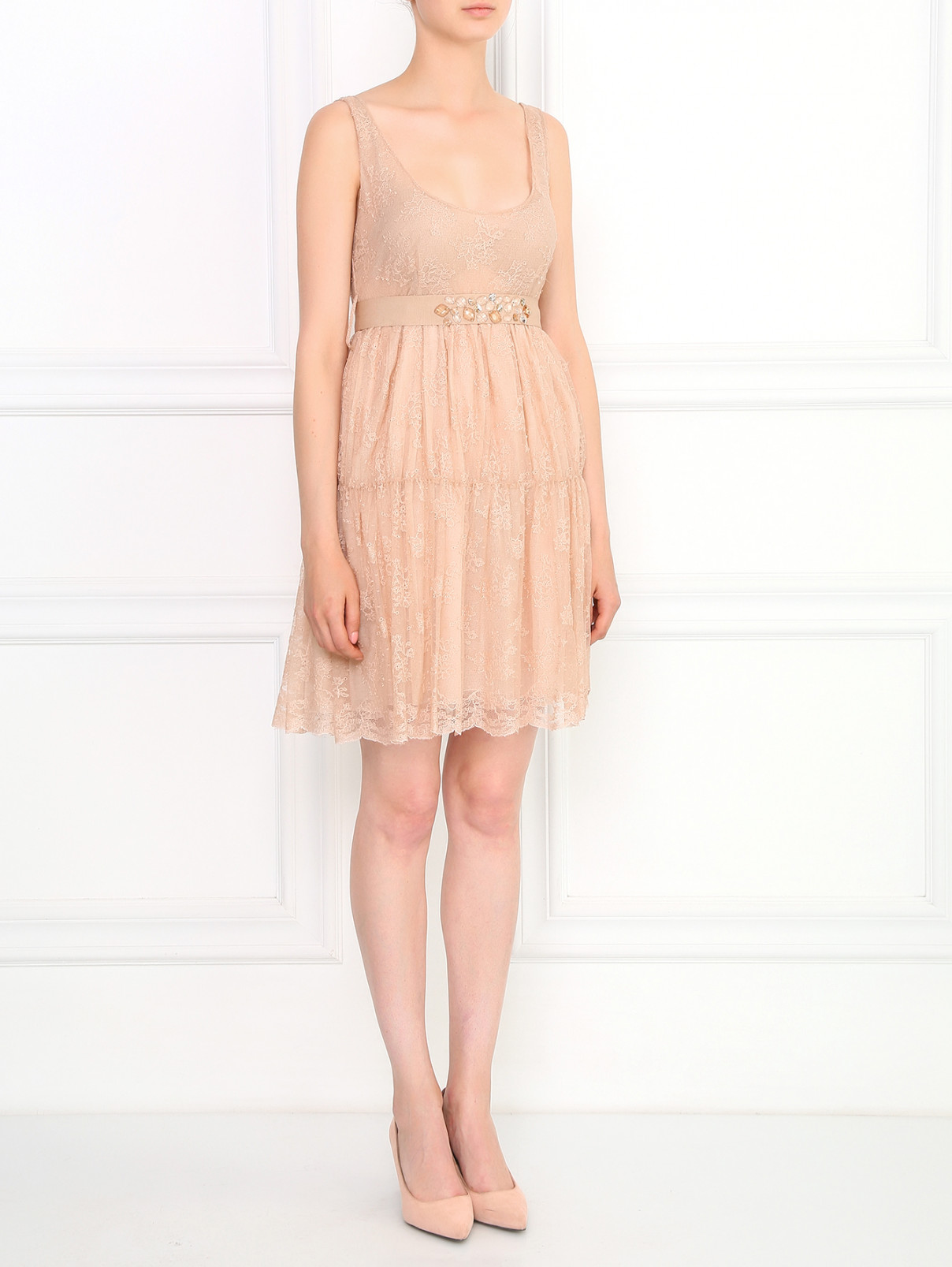 Кружевное платье из хлопка с декоративным поясом Blugirl  –  Модель Общий вид  – Цвет:  Бежевый