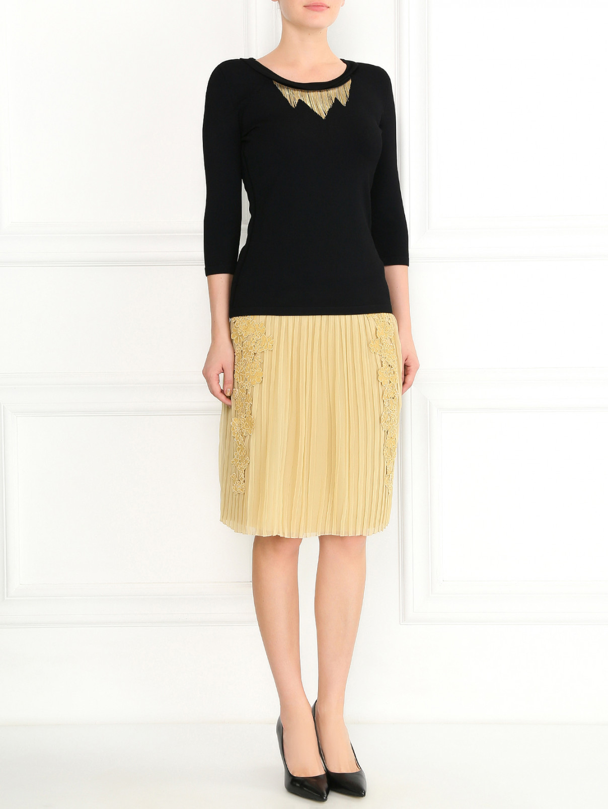 Шелковая юбка-мини с кружевной аппликацией Alberta Ferretti  –  Модель Общий вид  – Цвет:  Бежевый