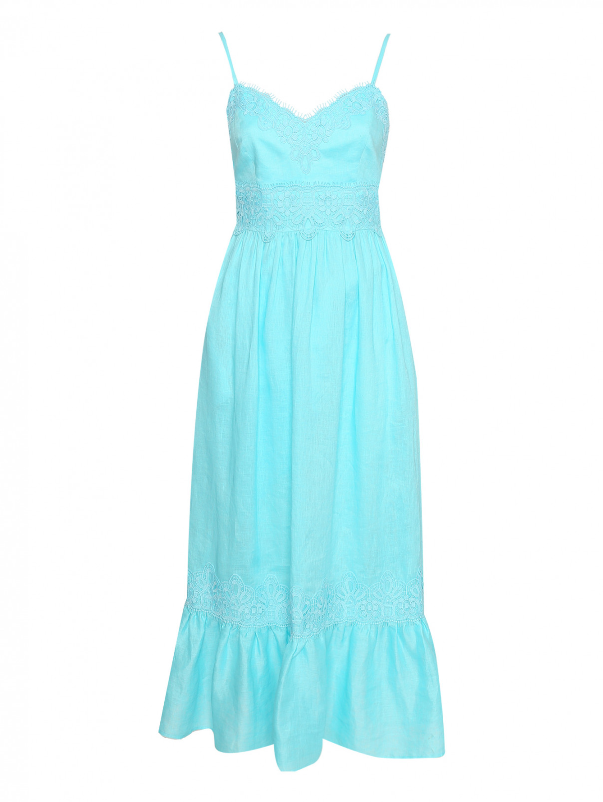 Платье-миди из льна с кружевной отделкой Luisa Spagnoli  –  Общий вид  – Цвет:  Синий