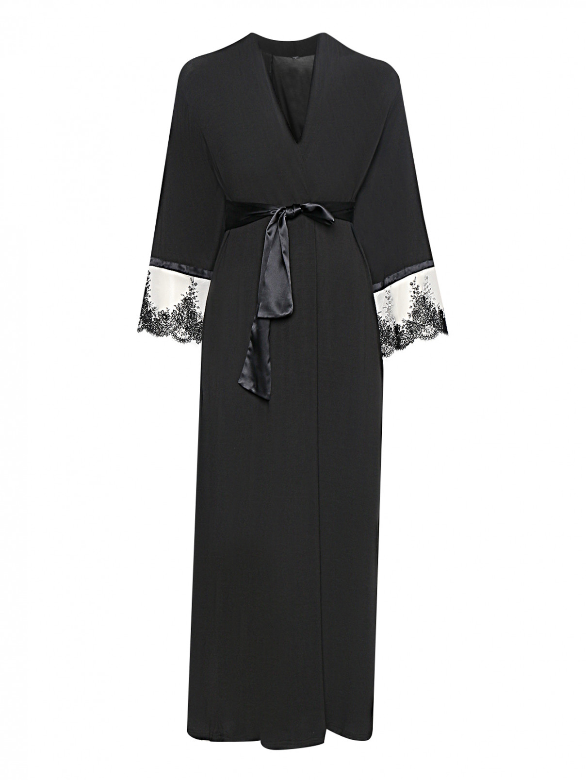 Халат с кружевной вышивкой на рукавах Ritratti  –  Общий вид  – Цвет:  Черный