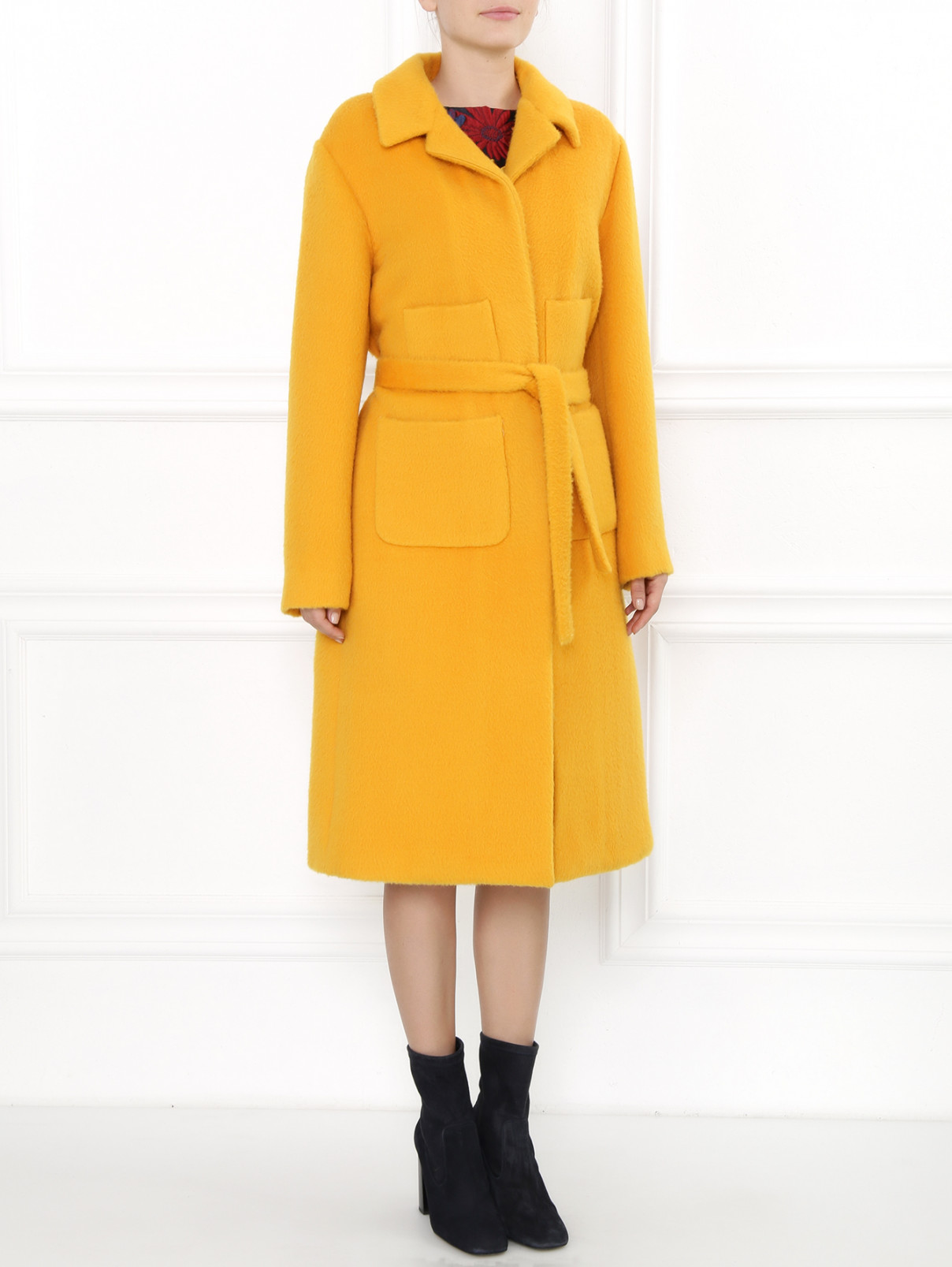 Однобортное пальто из шерсти с накладными карманами и поясом Rochas  –  Модель Общий вид  – Цвет:  Желтый
