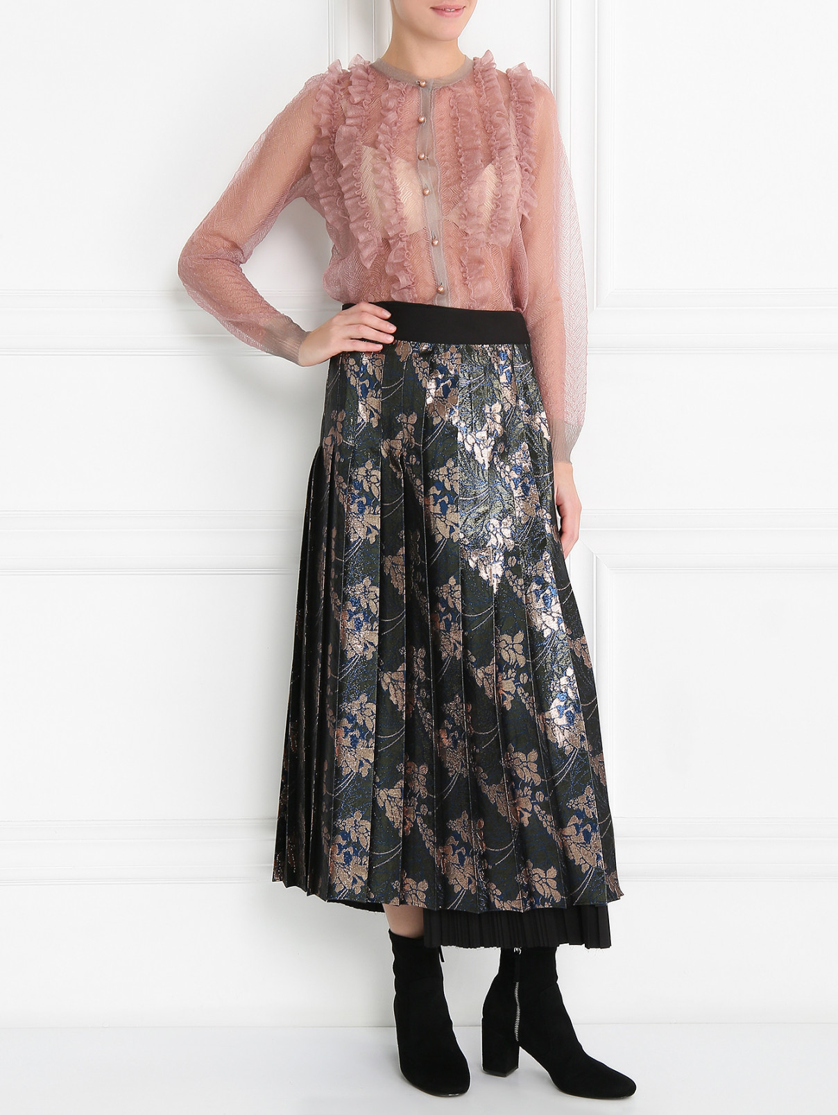 Плиссированная юбка из хлопка с цветочным узором Alysi  –  Модель Общий вид  – Цвет:  Черный