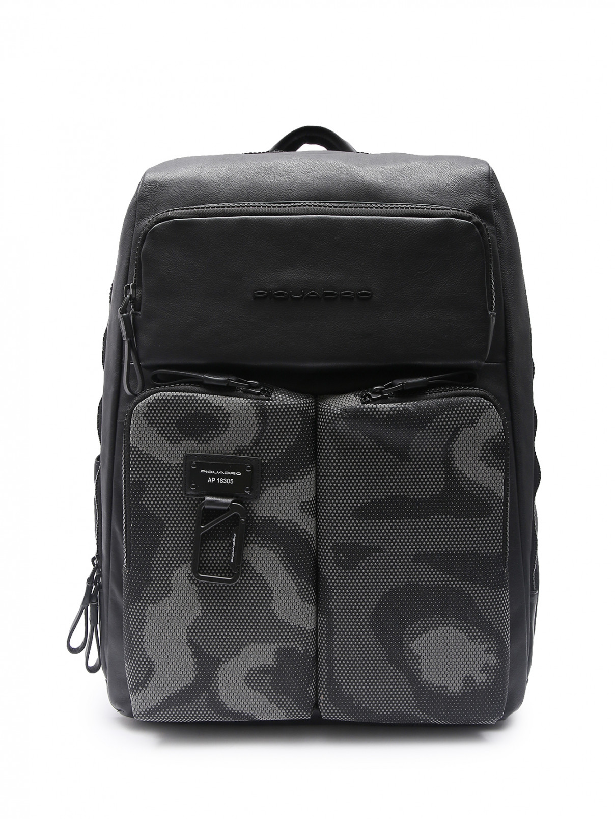 Комбинированный рюкзак из кожи и текстиля с узором Piquadro  –  Общий вид  – Цвет:  Черный