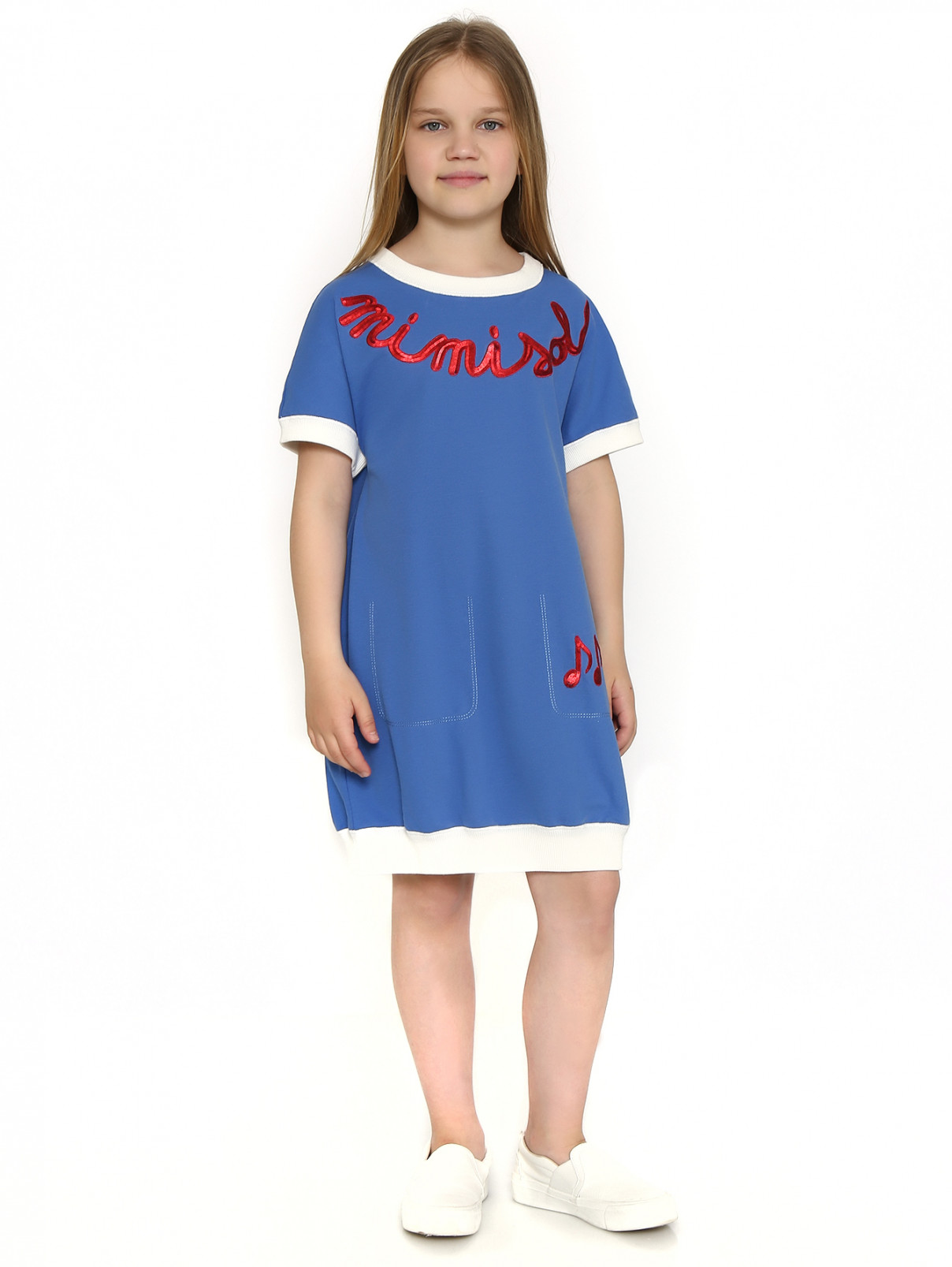 Платье из хлопка свободного кроя с контрастной отделкой MiMiSol  –  Модель Общий вид  – Цвет:  Синий
