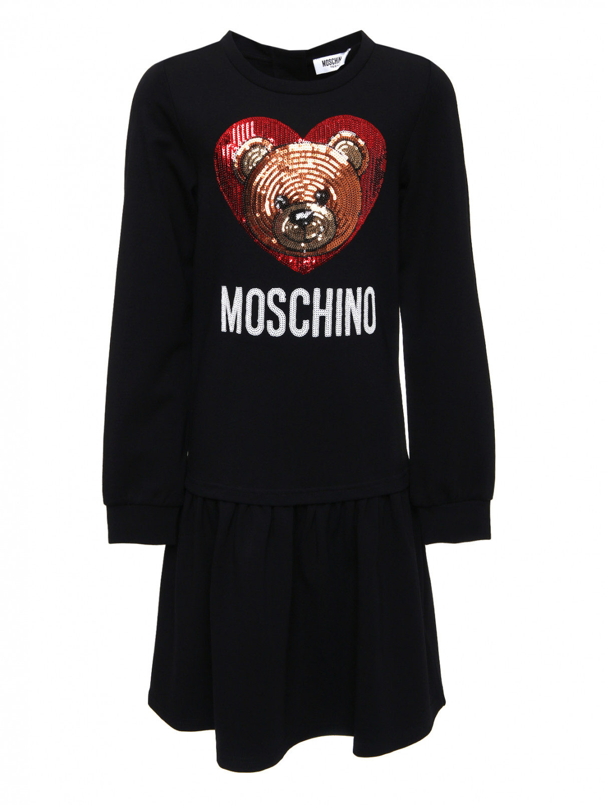 Платье трикотажное с аппликацией пайетками Moschino Teen  –  Общий вид  – Цвет:  Черный
