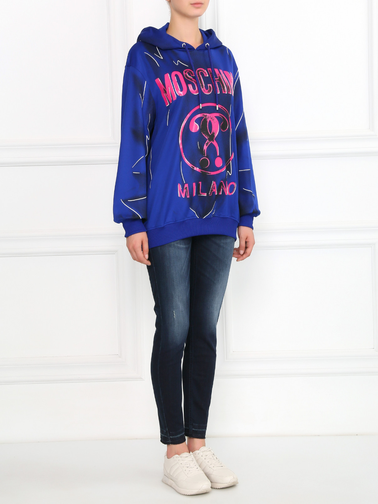 Толстовка с капюшоном и принтом Moschino Couture  –  Модель Общий вид  – Цвет:  Синий