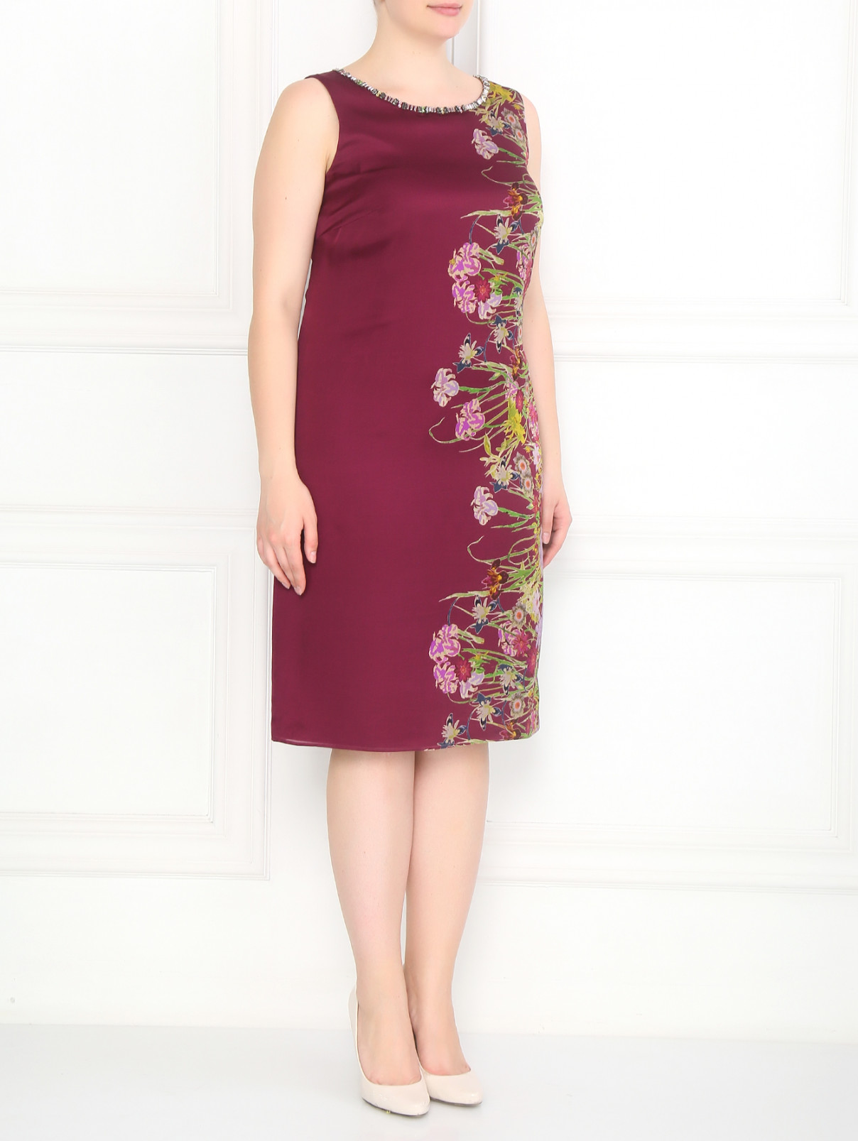 Платье из шелка с аппликацией и узором с рукавами в комплекте Marina Rinaldi  –  Модель Общий вид  – Цвет:  Фиолетовый