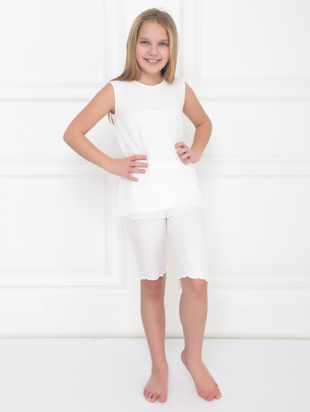 Пижама хлопковая с декором плиссэ La Perla  –  МодельОбщийВид  – Цвет:  Белый