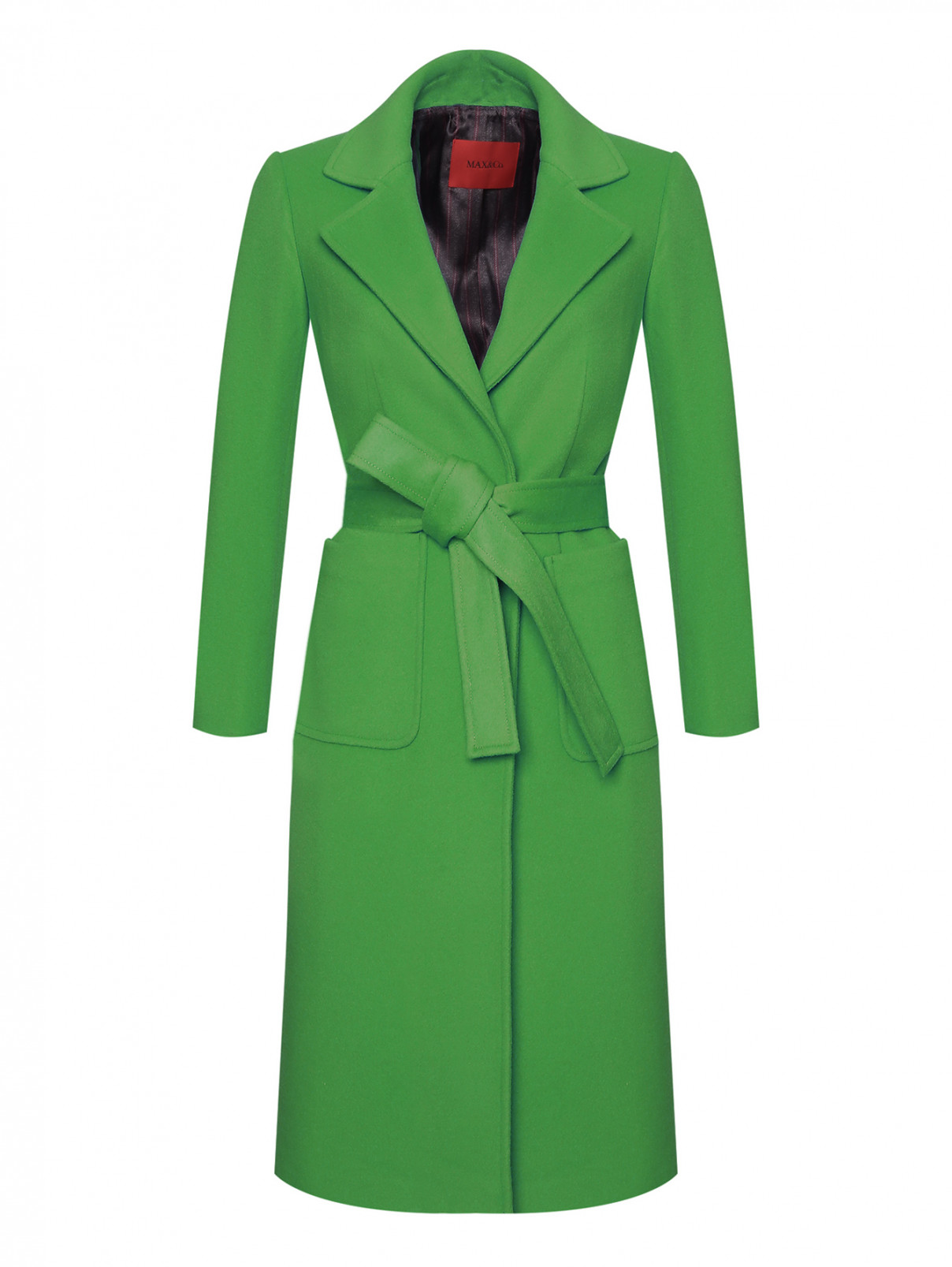 Пальто из шерсти с карманами и ремнем Max&Co  –  Общий вид  – Цвет:  Зеленый