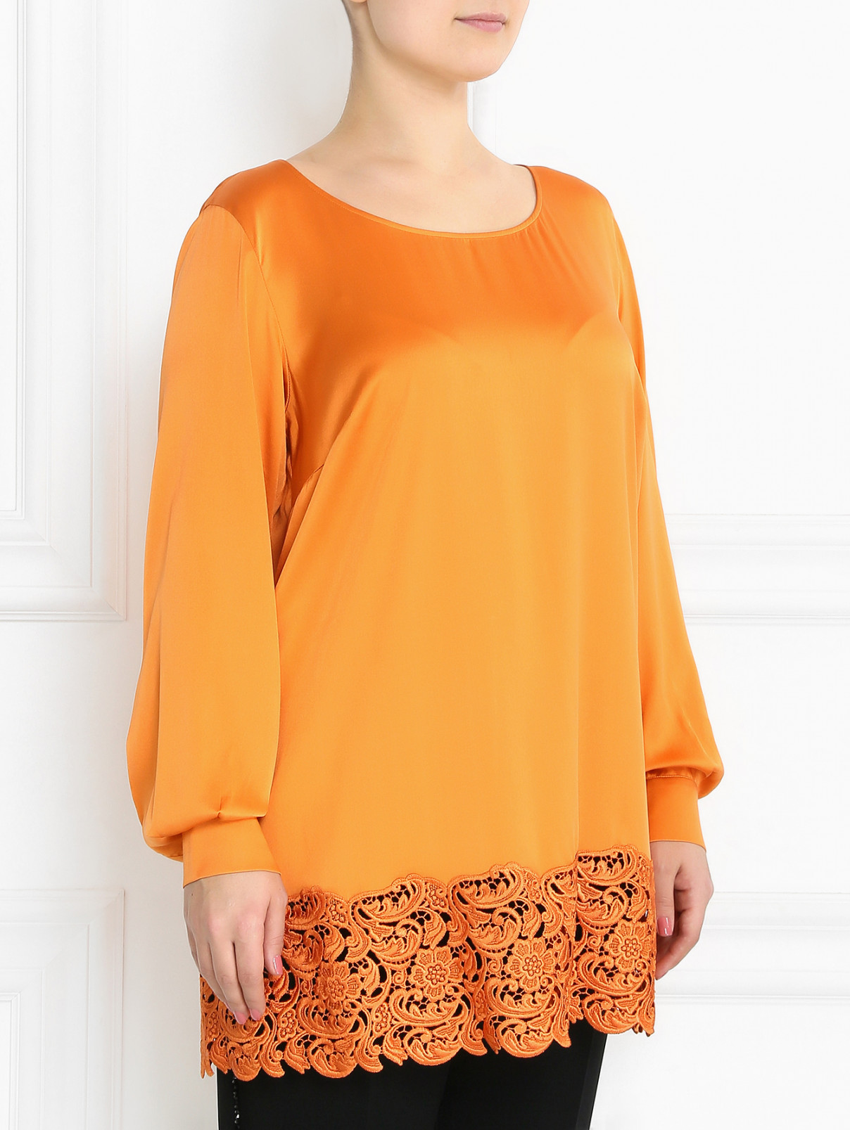 Удлиненная блуза из шелка с кружевной отделкой Marina Rinaldi  –  Модель Верх-Низ  – Цвет:  Оранжевый