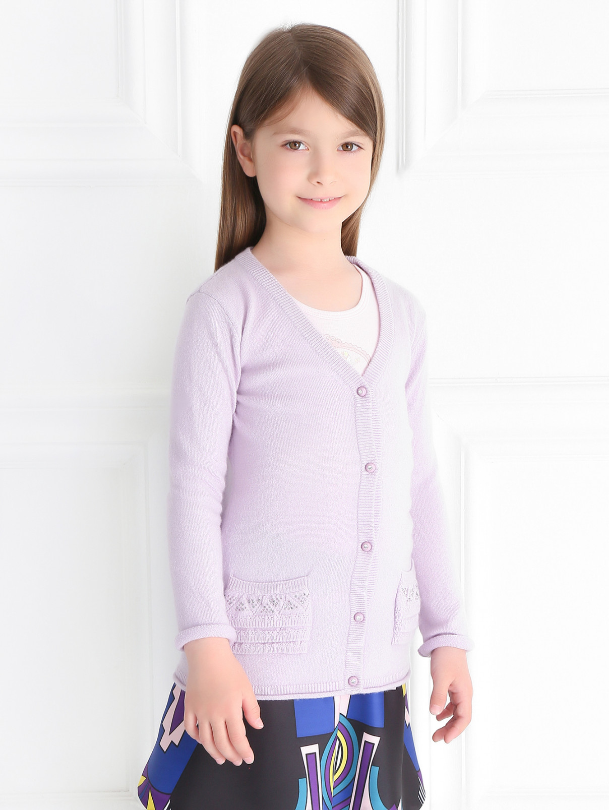 Кардиган из кашемира с аппликацией из страз Blumarine baby  –  Модель Верх-Низ  – Цвет:  Фиолетовый