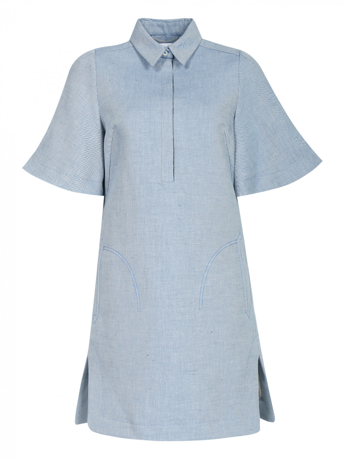 Платье-мини из хлопка и льна с карманами Carven  –  Общий вид  – Цвет:  Синий