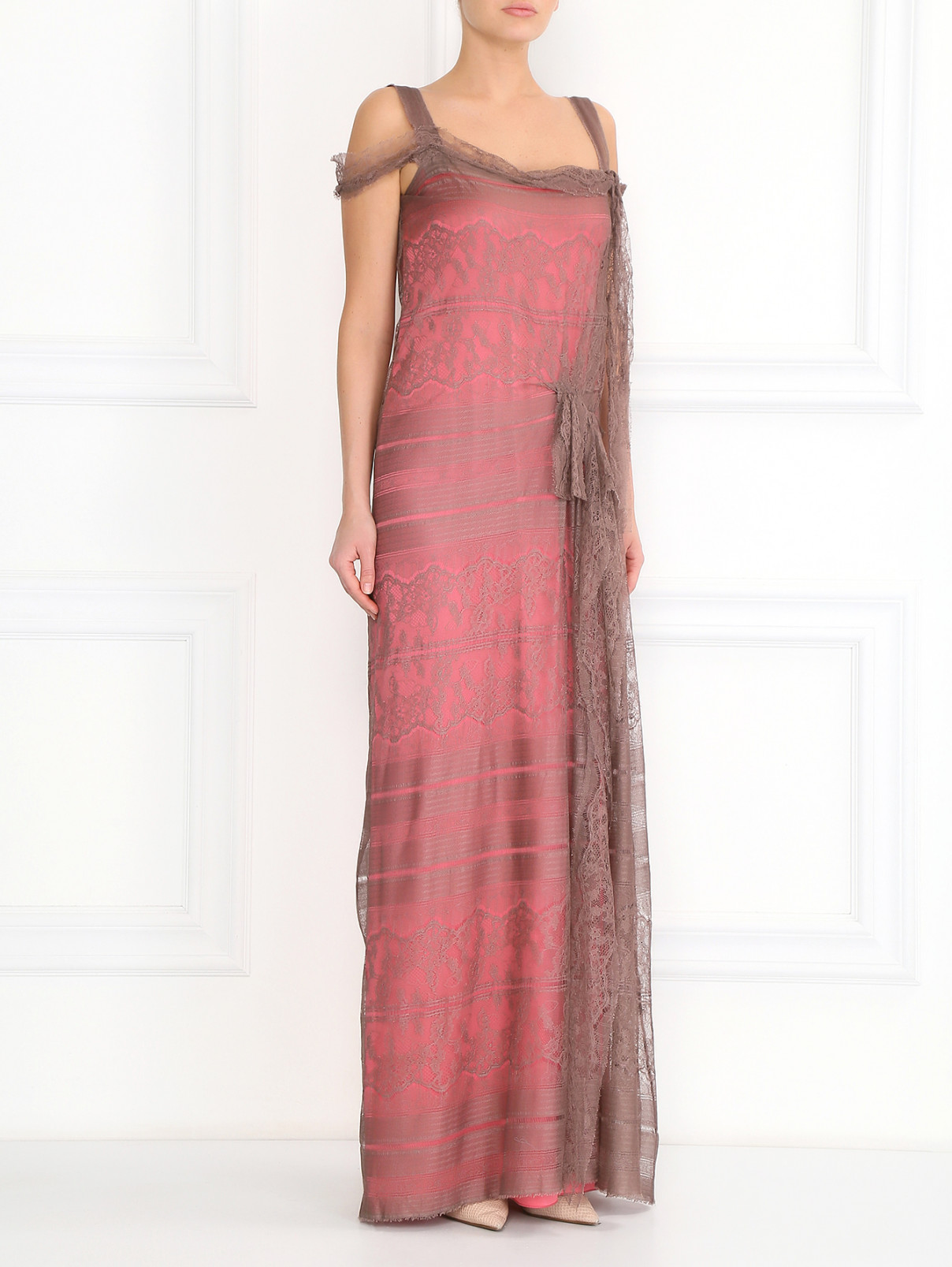 Платье-макси из шелка и кружева с бантами Alberta Ferretti  –  Модель Общий вид  – Цвет:  Розовый