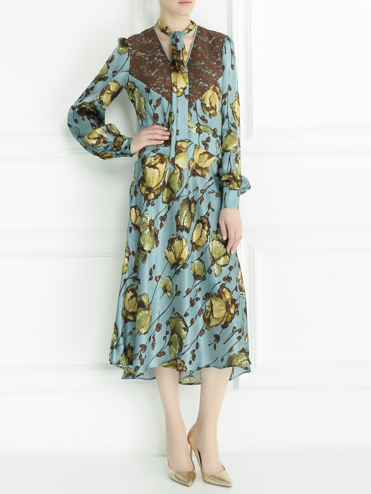 Платье с цветочным узором и отделкой из кружева Antonio Marras  –  Модель Общий вид  – Цвет:  Синий