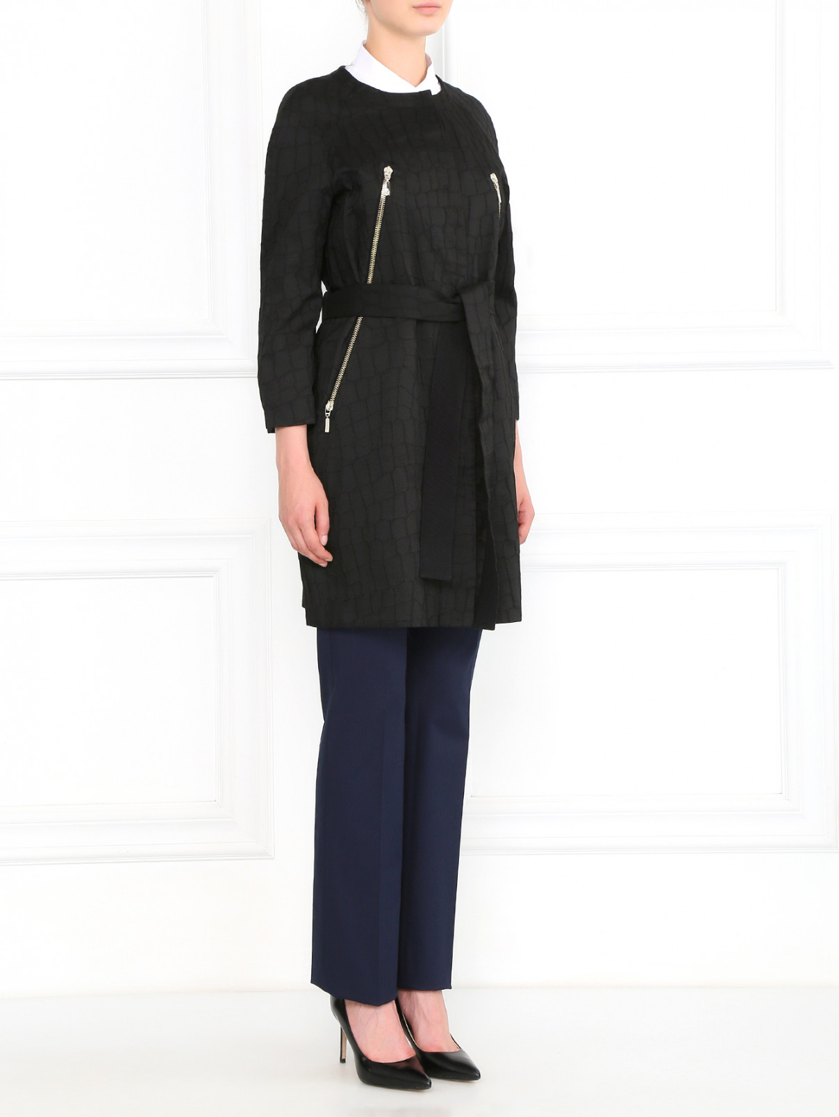 Легкое пальто из фактурной ткани на поясе Moncler  –  Модель Общий вид  – Цвет:  Черный