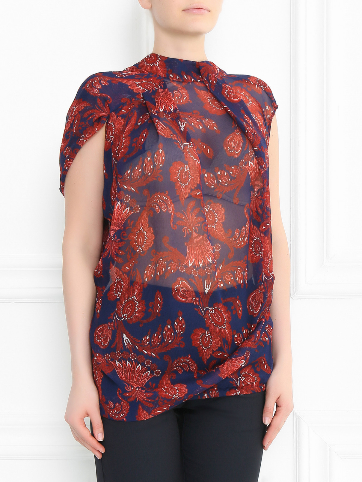 Полупрозрачная блуза из шелка асимметричного кроя с узором "пейсли" Strenesse  –  Модель Верх-Низ  – Цвет:  Узор