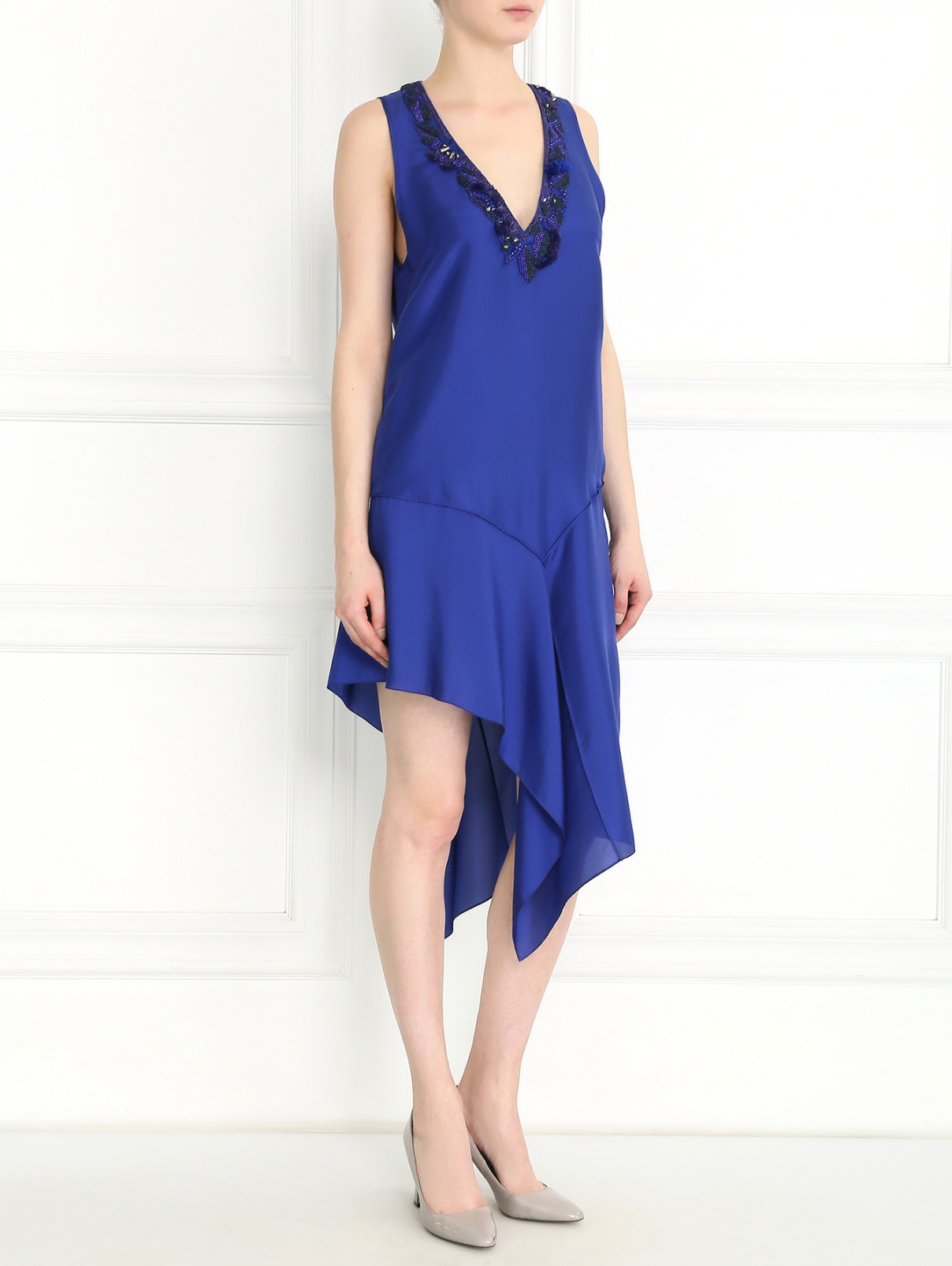 Платье из шелка с аппликацией из бисера Barbara Bui  –  Модель Общий вид  – Цвет:  Синий