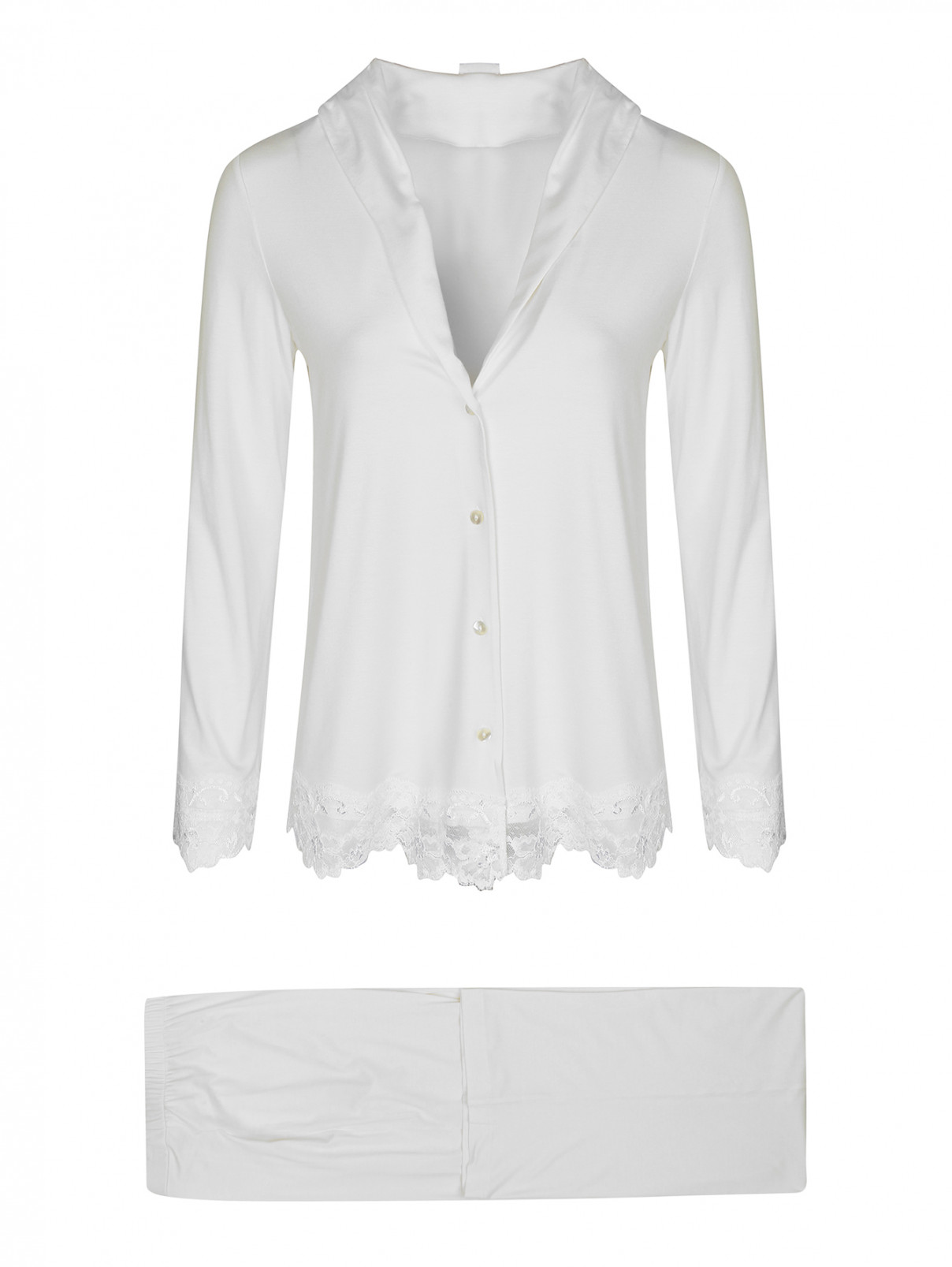 Пижама трикотажная декорированная кружевом La Perla  –  Общий вид  – Цвет:  Белый