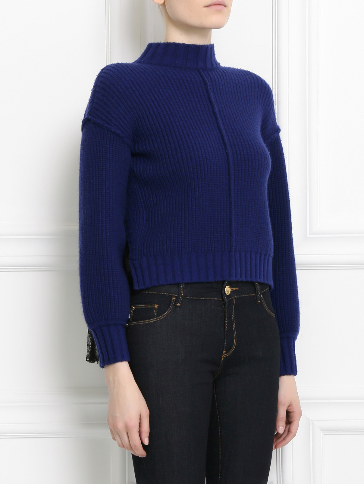 Укороченный свитер из шерсти с отделкой из кружева на спине Philosophy di Lorenzo Serafini  –  Модель Верх-Низ  – Цвет:  Синий