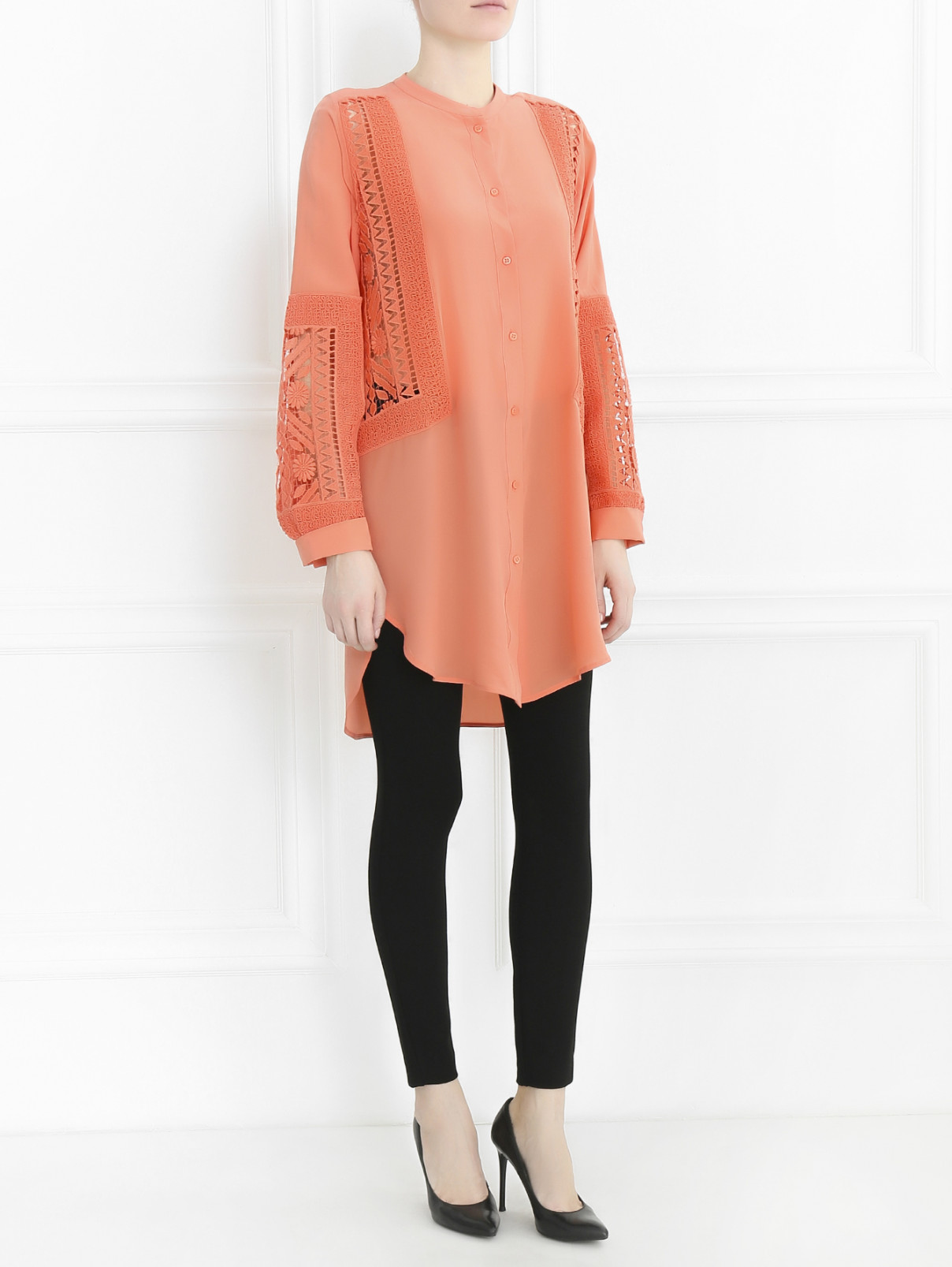 Удлиненная блуза из шелка с кружевной отделкой Ermanno Scervino  –  Модель Общий вид  – Цвет:  Розовый