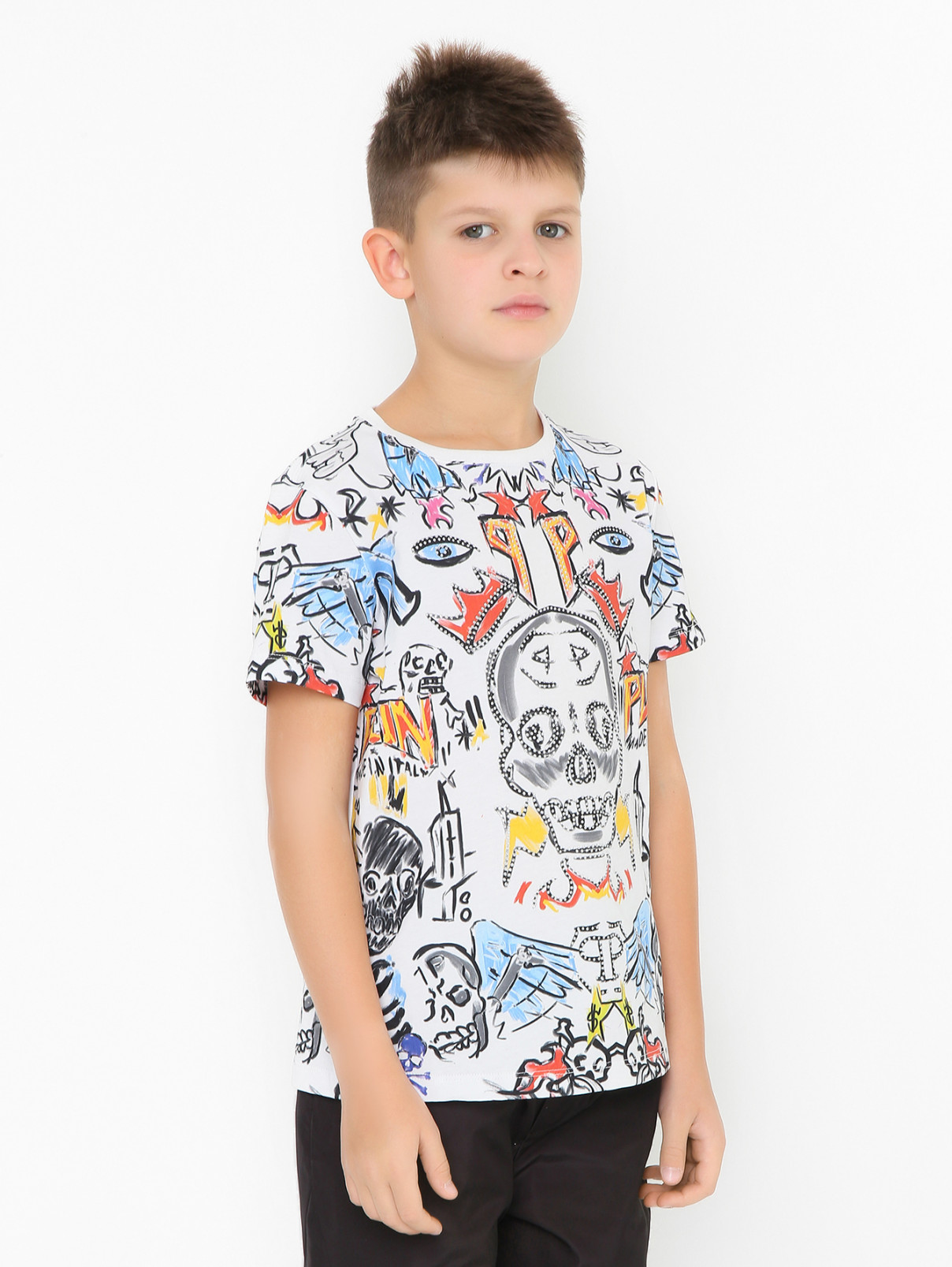 Хлопковая футболка с принтом и стразами Philipp Plein  –  МодельВерхНиз  – Цвет:  Мультиколор