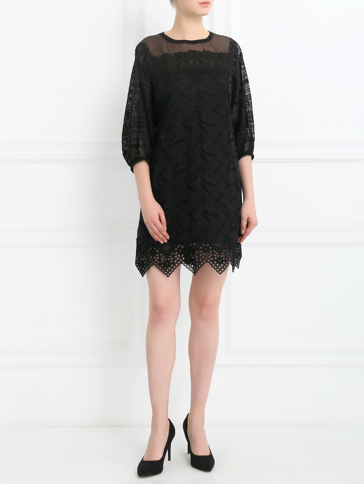 Платье-мини из хлопка с полупрозрачной вставкой Andrew GN  –  Модель Общий вид  – Цвет:  Черный
