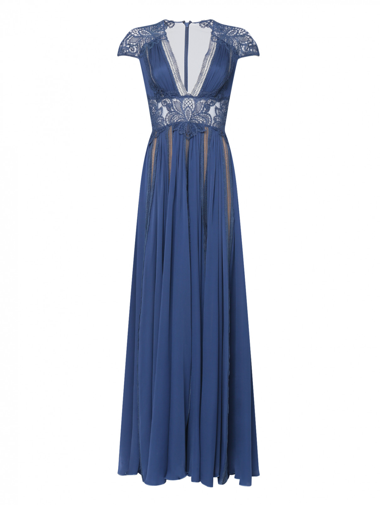 Платье-макси из смесового шелка с кружевом Zuhair Murad  –  Общий вид  – Цвет:  Синий