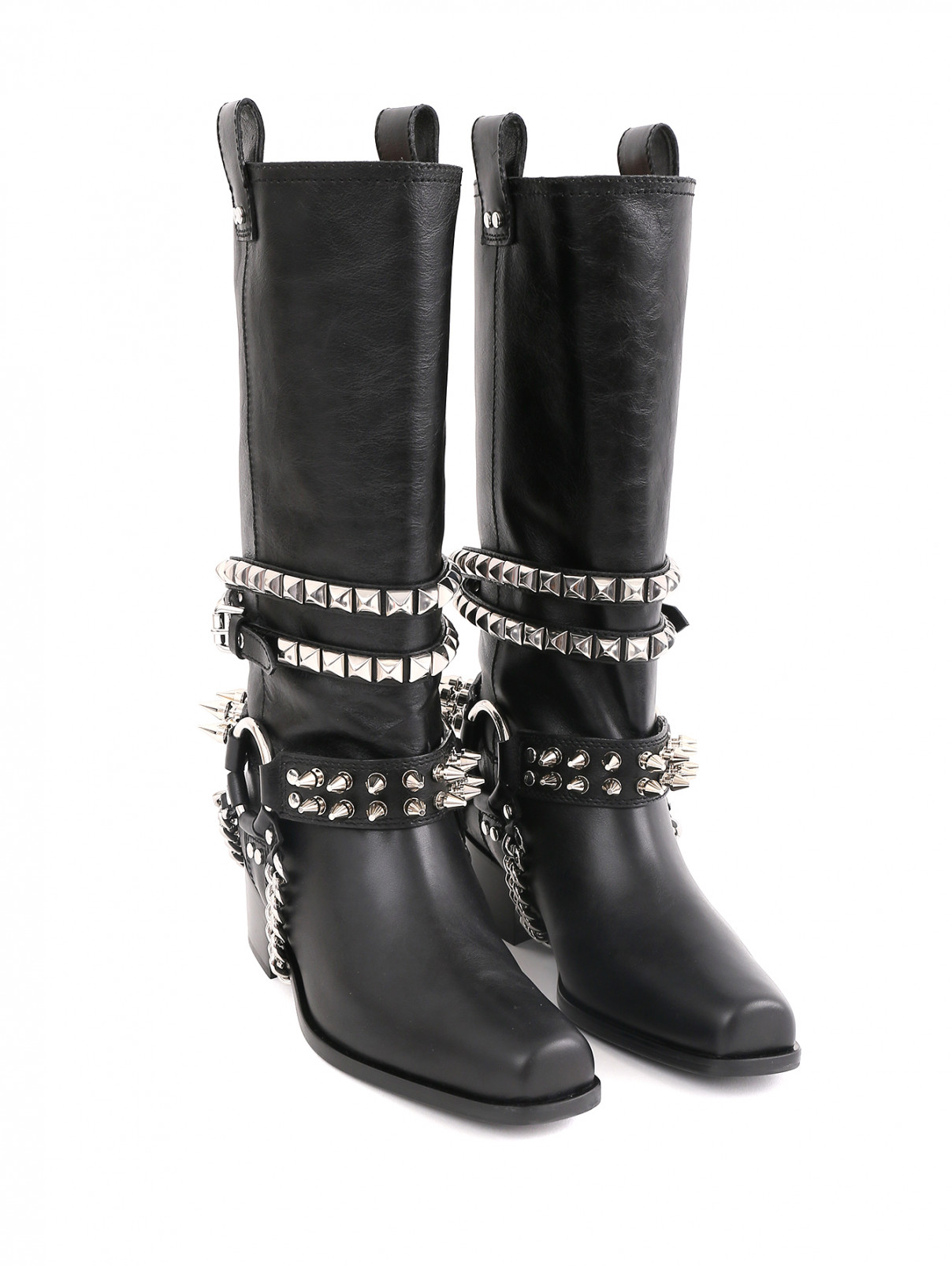 Сапоги на низком каблуке с металлическим декором Moschino Couture  –  Общий вид  – Цвет:  Черный