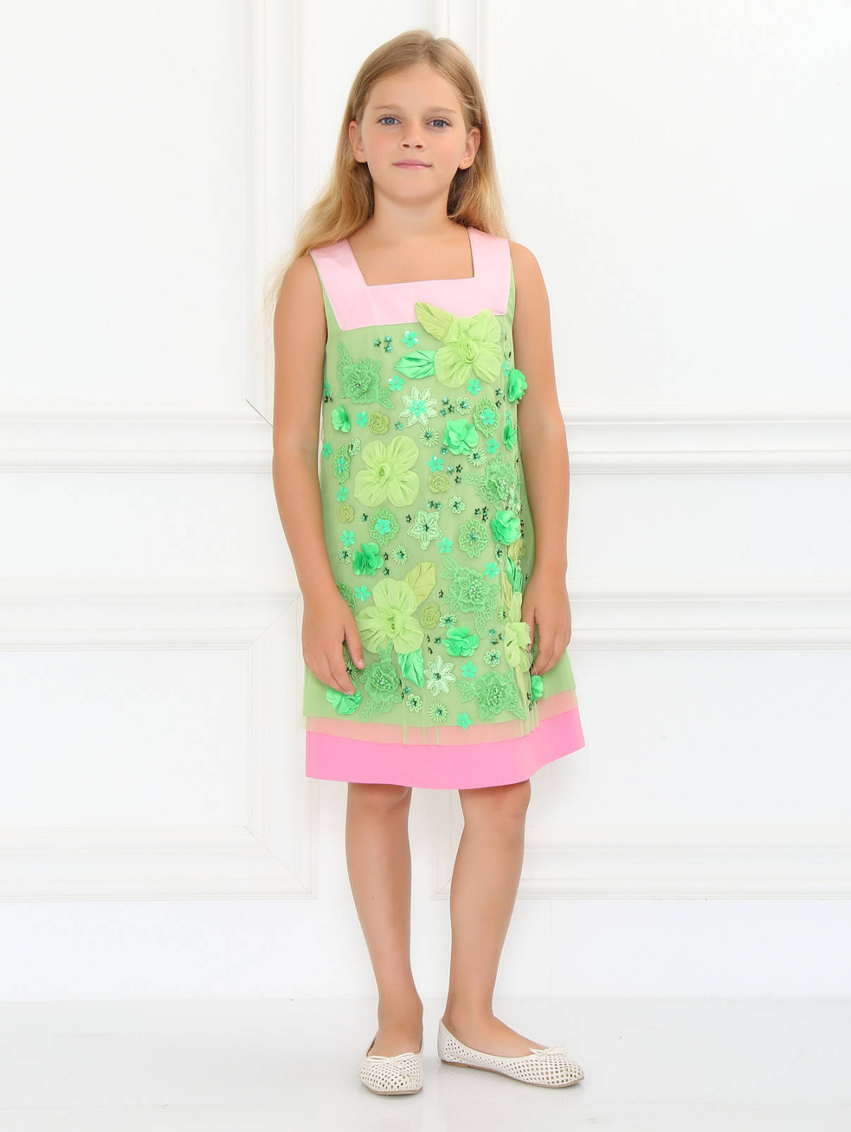 Платье из хлопка с ажурным декором и контрастными вставками MiMiSol  –  Модель Общий вид  – Цвет:  Зеленый
