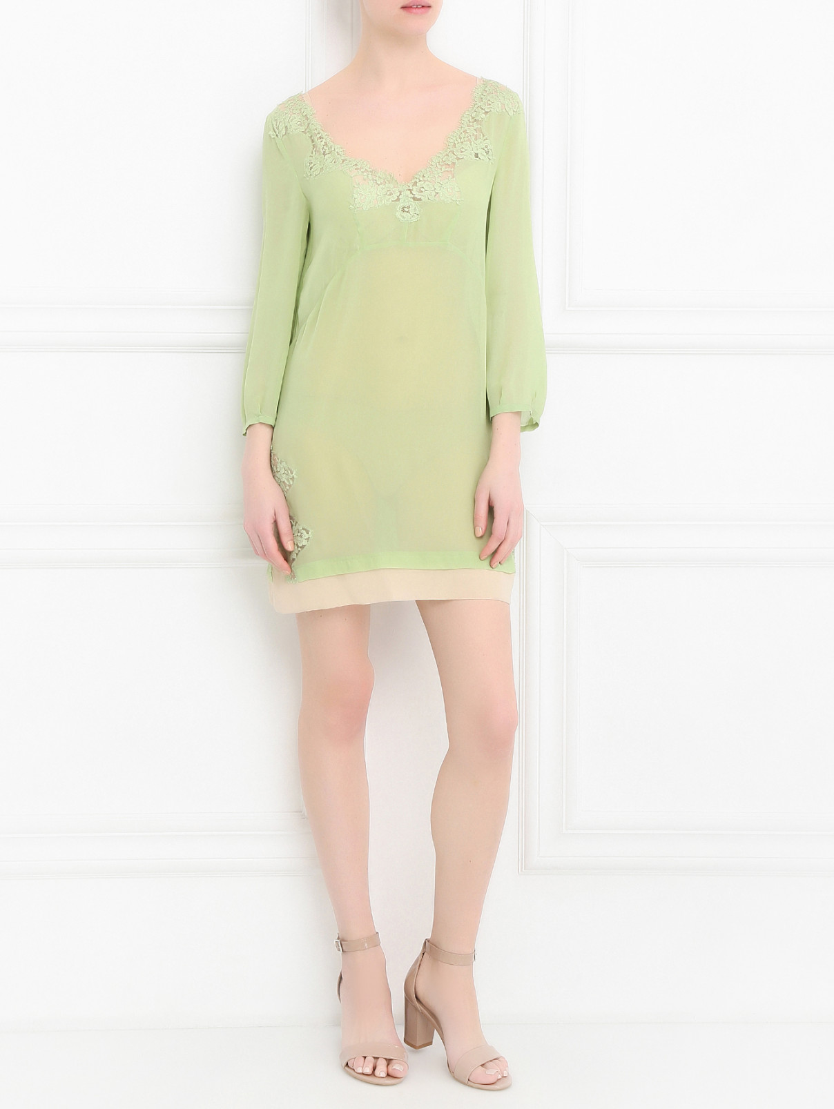 Платье-мини из шелка с отделкой из кружева Philosophy di Alberta Ferretti  –  Модель Общий вид  – Цвет:  Зеленый