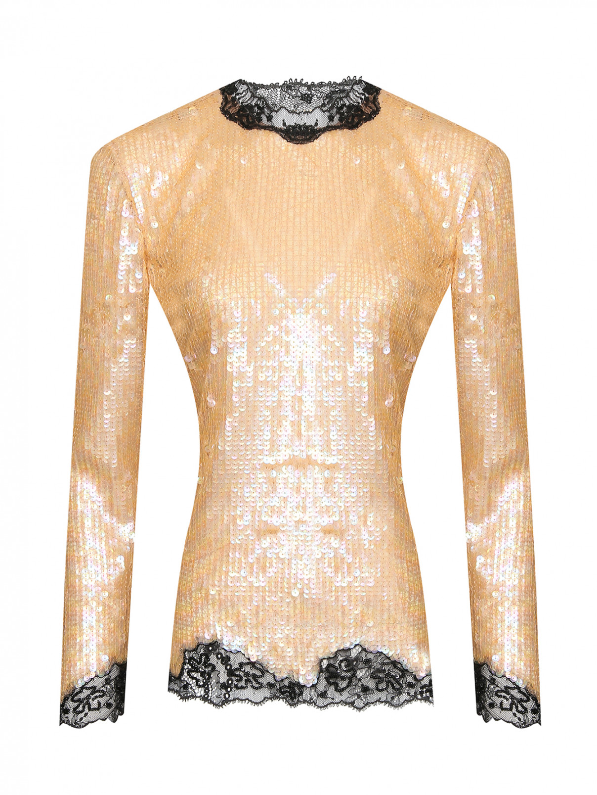 Блуза в пайетках, декорированная кружевом Ermanno Scervino  –  Общий вид  – Цвет:  Бежевый