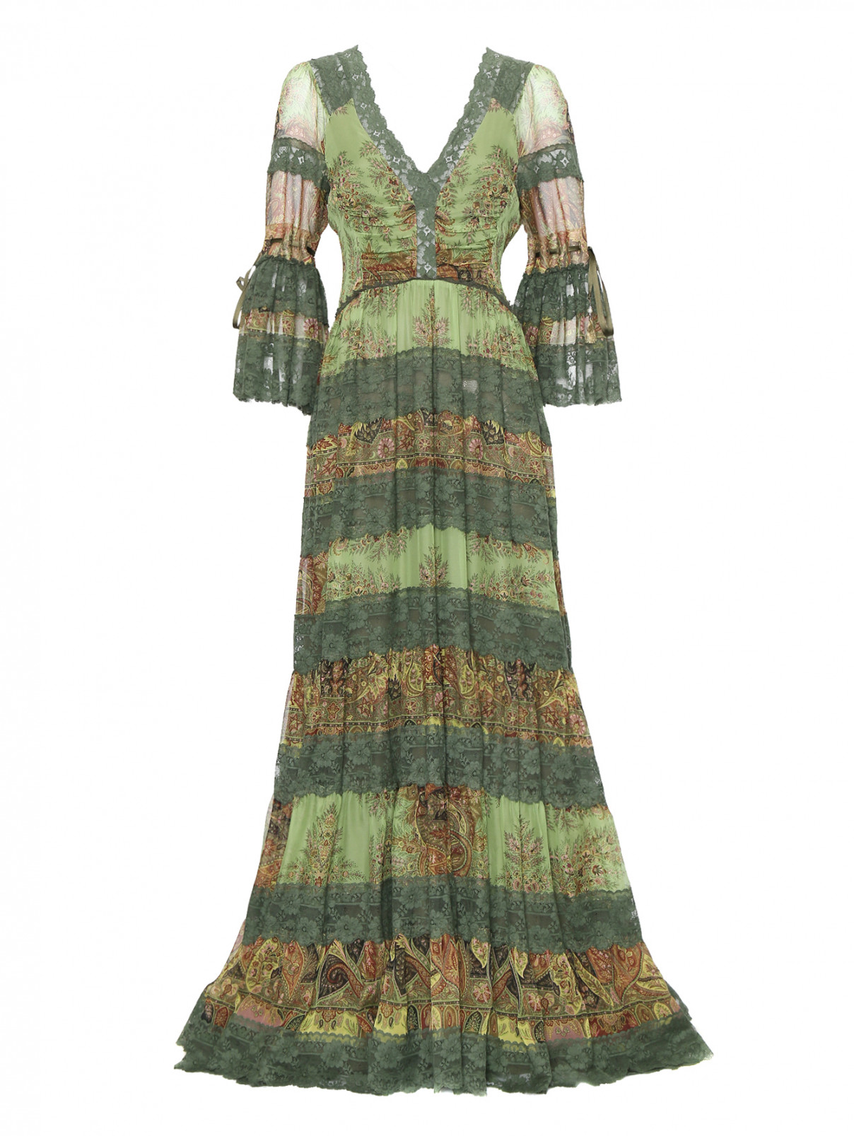 Платье-макси из шелка с узором и кружевной отделкой Etro  –  Общий вид  – Цвет:  Узор
