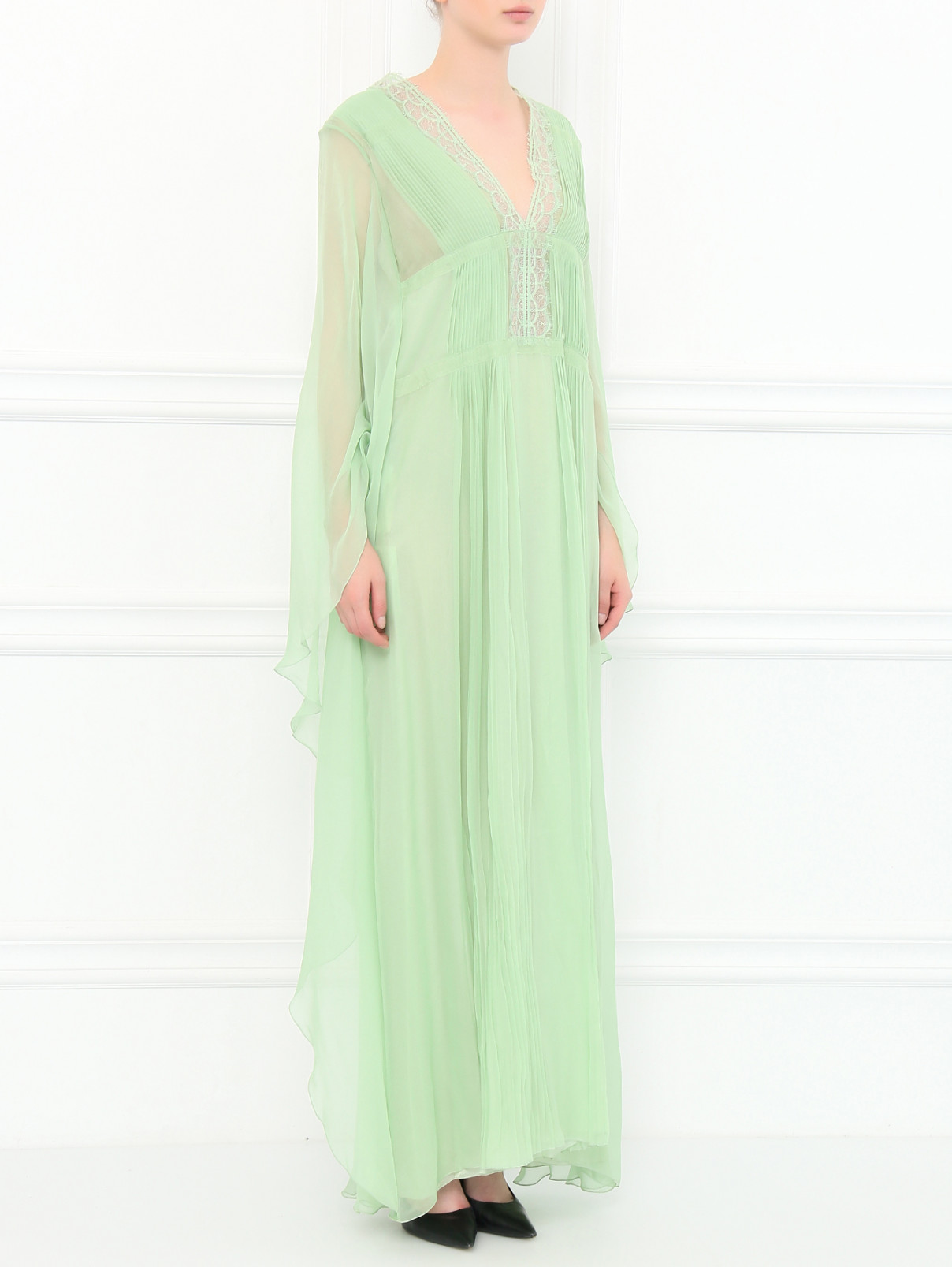 Платье-макси с высокой талией и асимметричными рукавами Alberta Ferretti  –  Модель Общий вид  – Цвет:  Зеленый