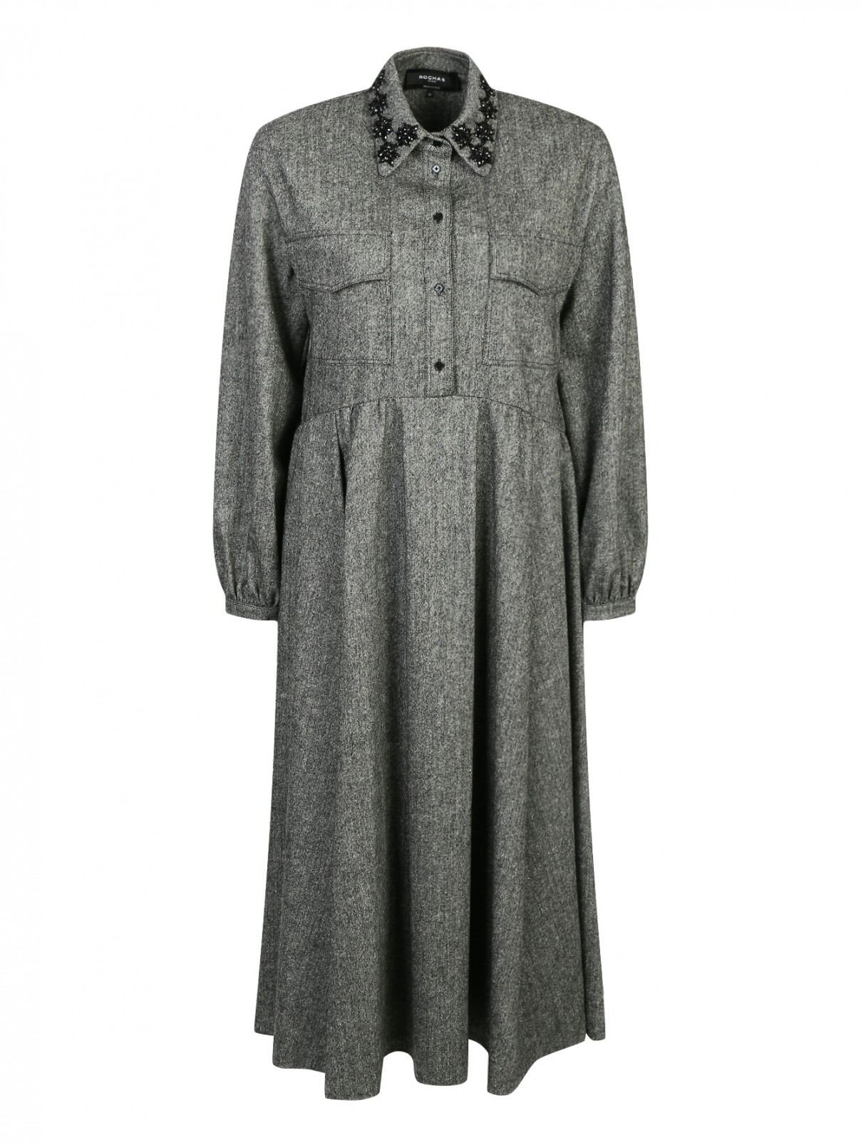 Платье из шерсти с камнями на воротнике Rochas  –  Общий вид  – Цвет:  Серый