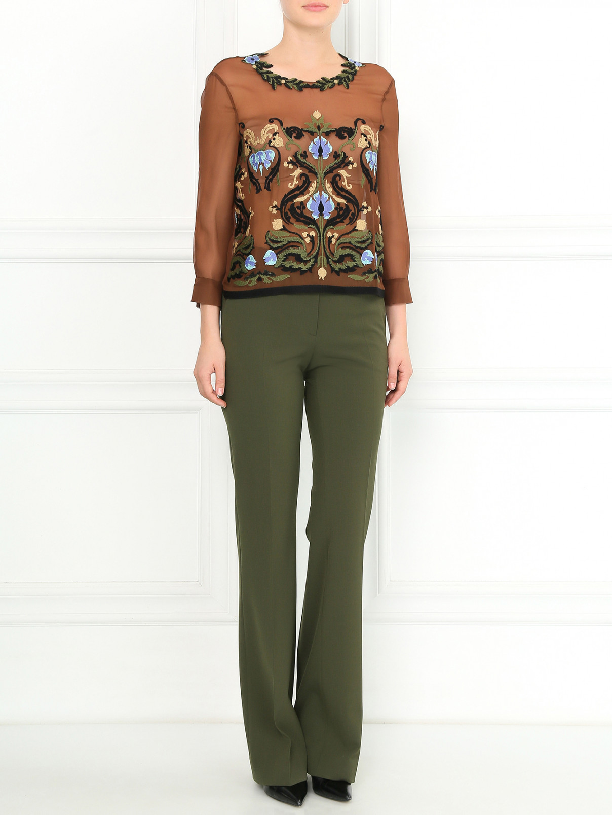 Шелковая блуза с вышивкой Alberta Ferretti  –  Модель Общий вид  – Цвет:  Коричневый