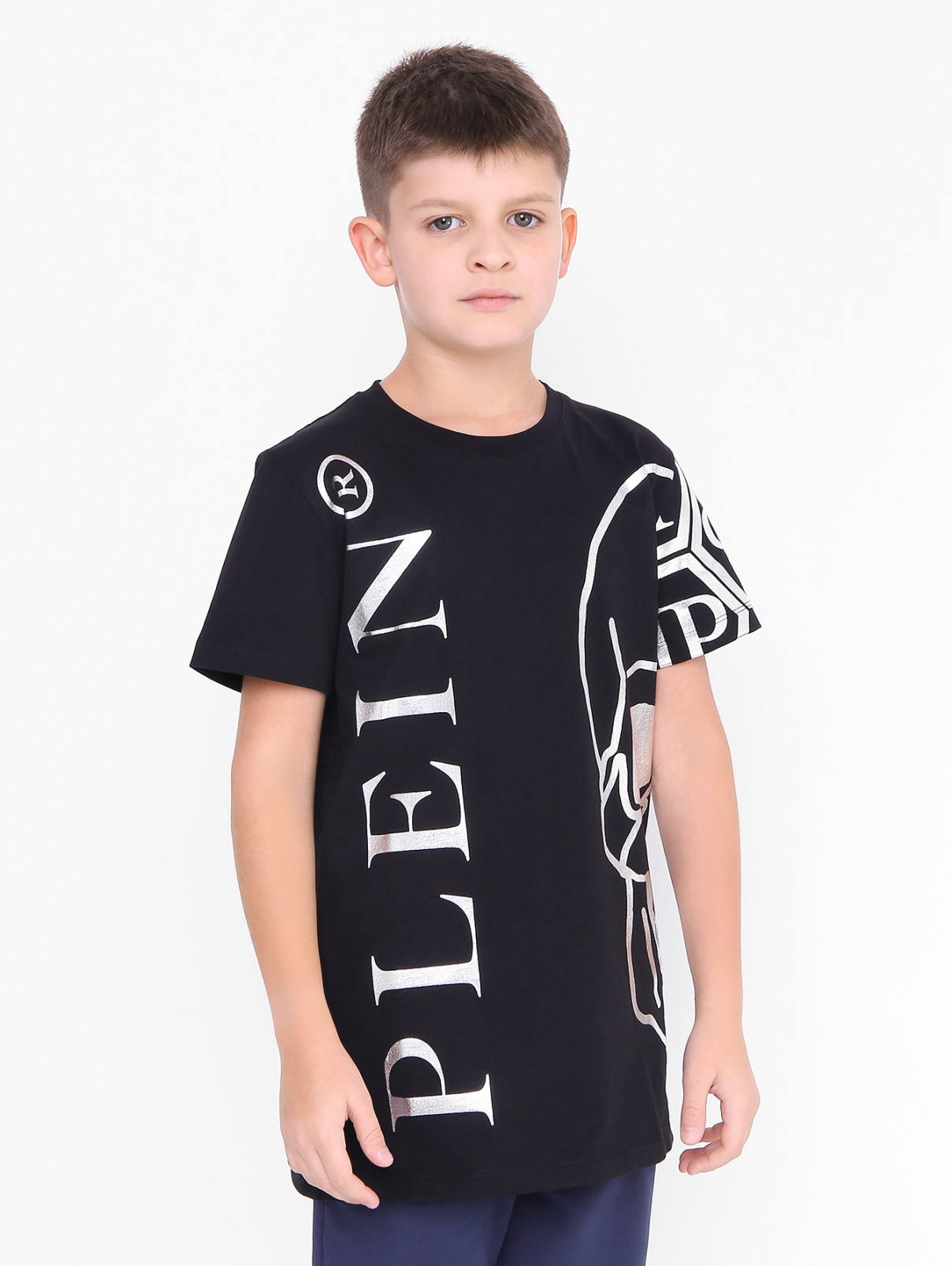 Хлопковая футболка с металлизированным принтом Philipp Plein  –  МодельВерхНиз  – Цвет:  Черный