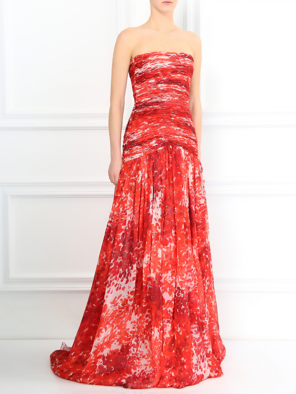 Платье-макси из шелка с цветочным узором и шлейфом Giambattista Valli  –  Модель Общий вид  – Цвет:  Красный