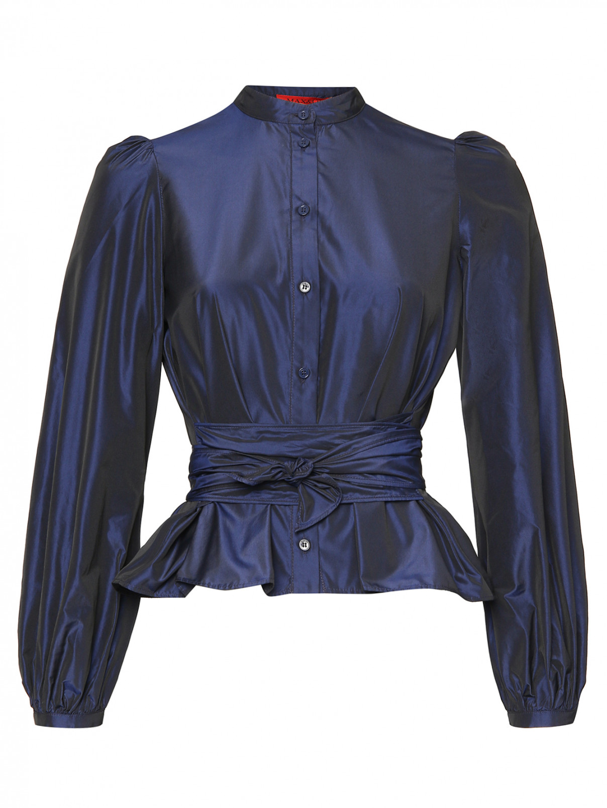 Блуза на пуговицах с драпировкой Max&Co  –  Общий вид  – Цвет:  Синий