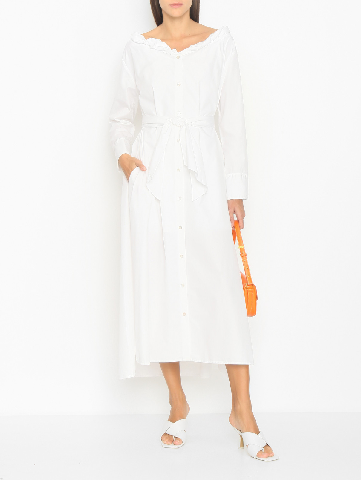 Платье из хлопка свободного кроя с поясом Kenzo  –  МодельОбщийВид  – Цвет:  Белый