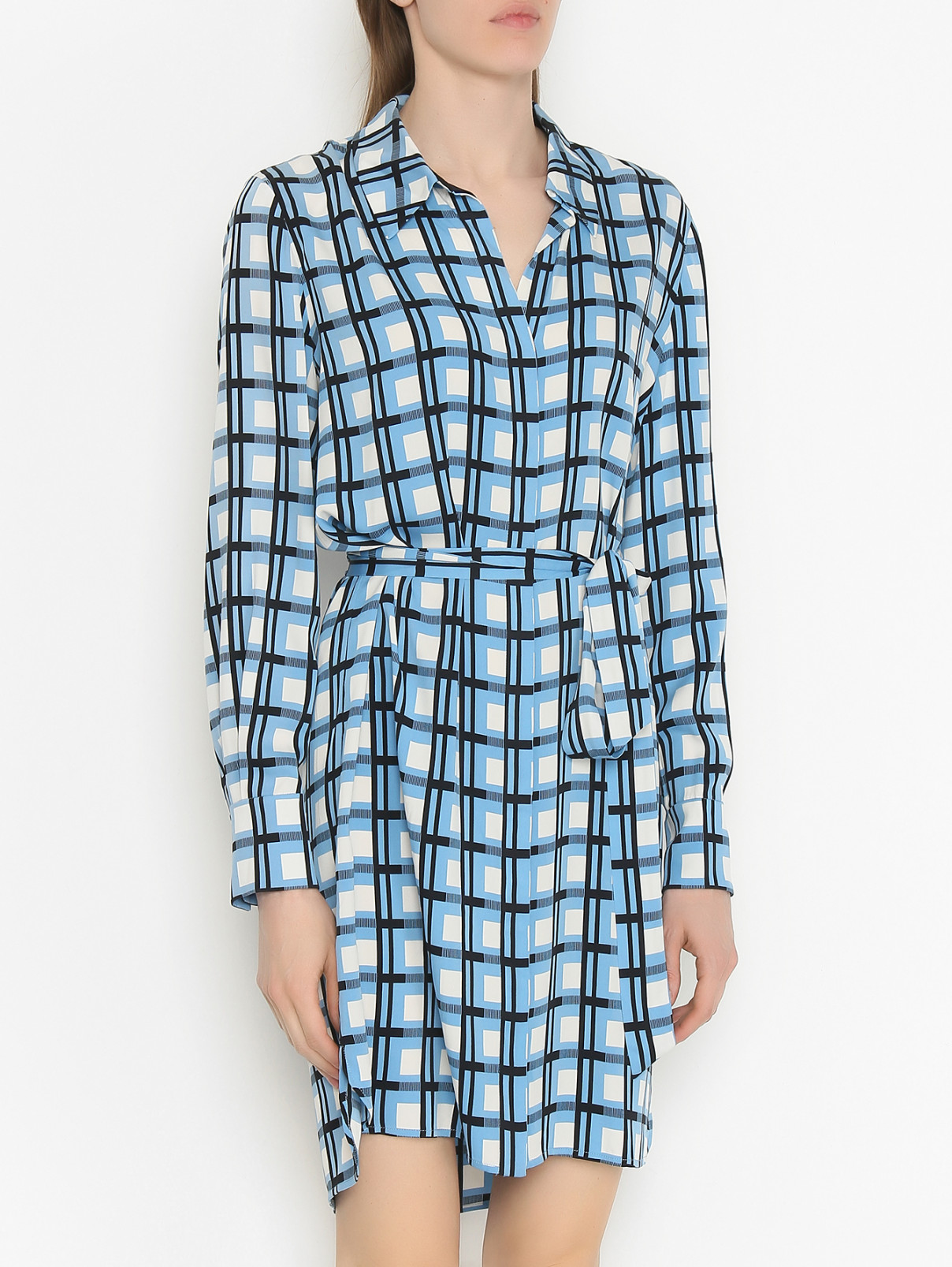 Платье-рубашка из шелка с поясом DVF  –  МодельВерхНиз  – Цвет:  Синий