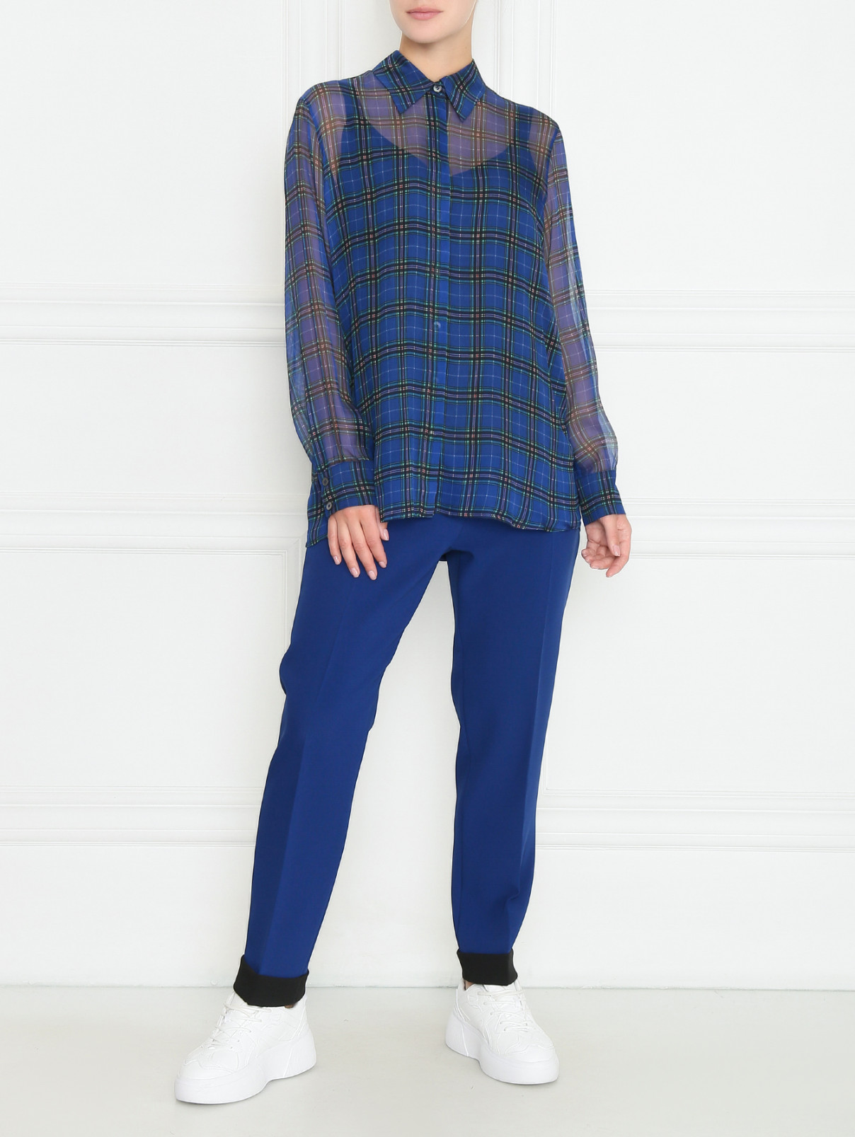 Шелковая рубашка в клетку Marina Rinaldi  –  МодельОбщийВид  – Цвет:  Синий