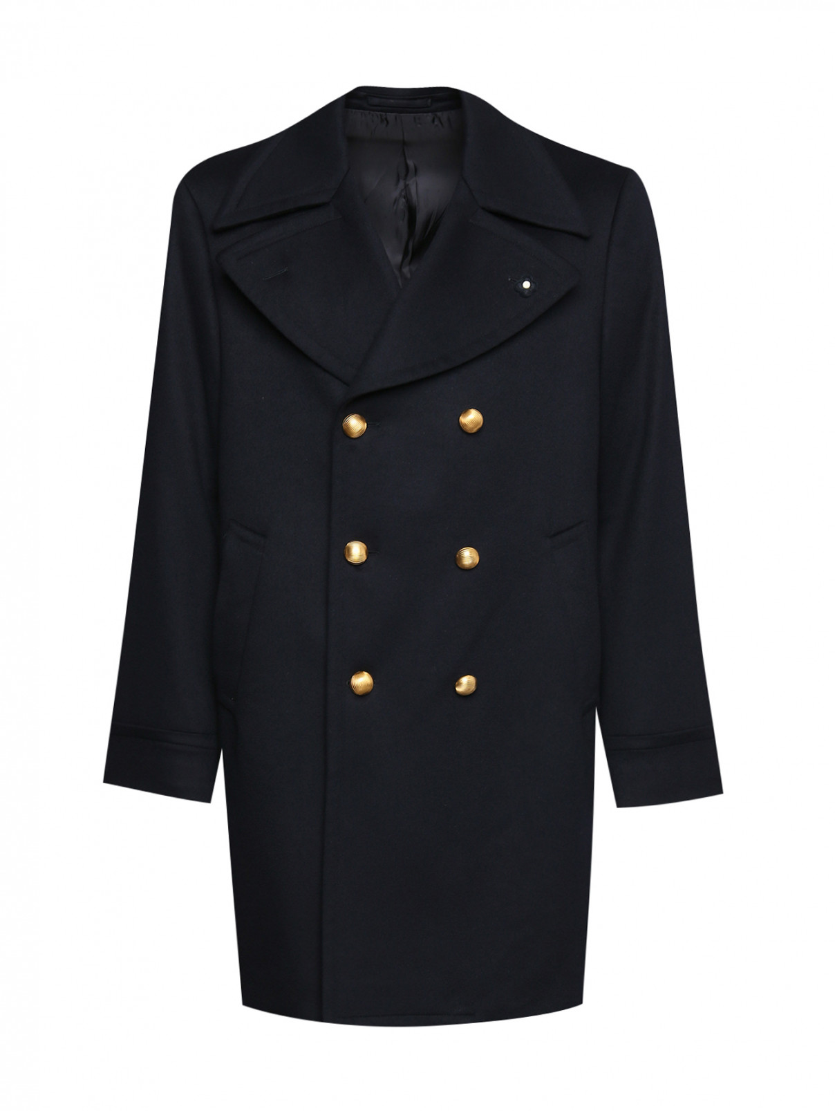 Двубортное пальто из шерсти с карманами LARDINI  –  Общий вид  – Цвет:  Синий
